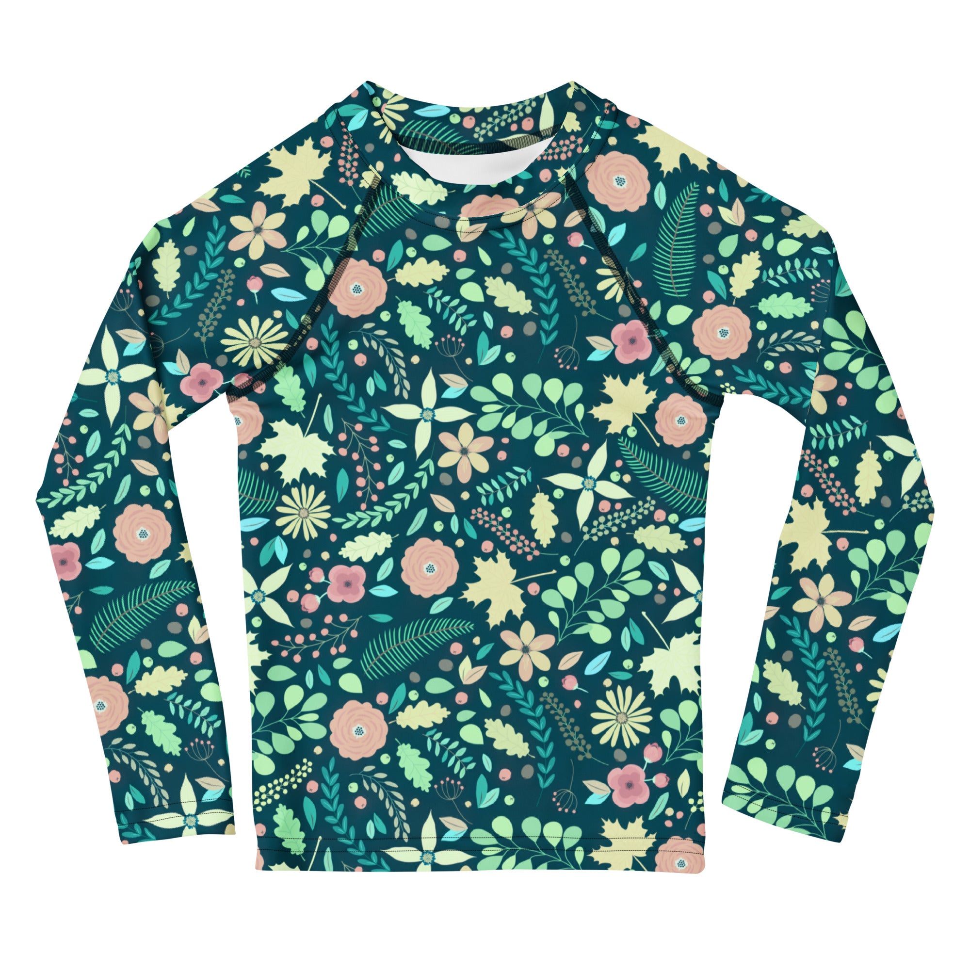 Kids Tropical Green Wildflower Garden Long Sleeve Rash Guard Swim Shirt – Buttery Soft, Sun Safe UPF 50+ Protection, Quick Dry & 4-Way Stretch Comfort
