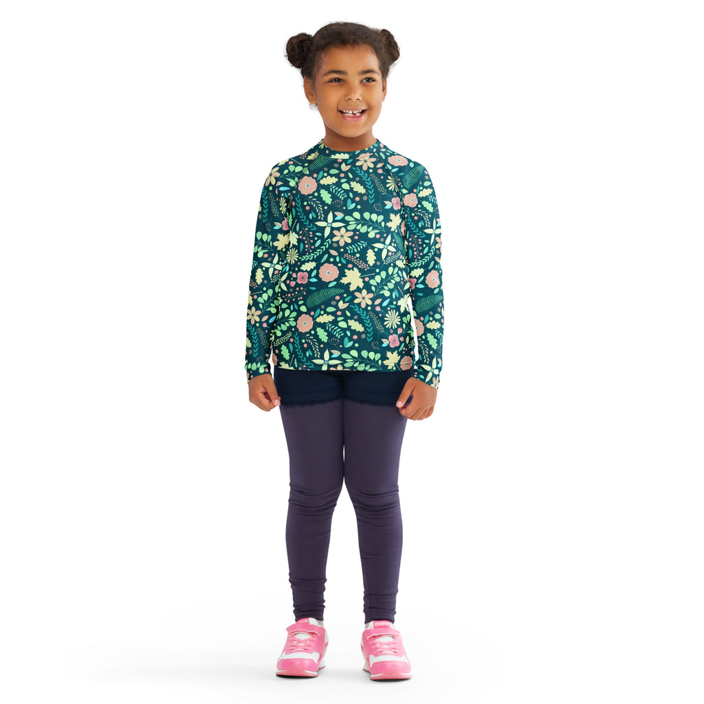 Kids Tropical Green Wildflower Garden Long Sleeve Rash Guard Swim Shirt – Buttery Soft, Sun Safe UPF 50+ Protection, Quick Dry & 4-Way Stretch Comfort