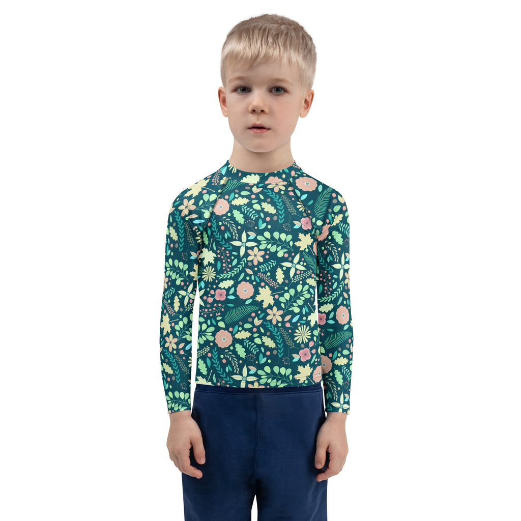 Kids Tropical Green Wildflower Garden Long Sleeve Rash Guard Swim Shirt – Buttery Soft, Sun Safe UPF 50+ Protection, Quick Dry & 4-Way Stretch Comfort