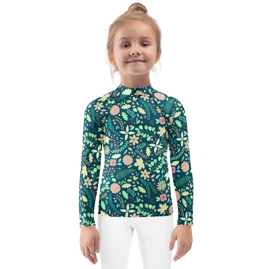 Kids Tropical Green Wildflower Garden Long Sleeve Rash Guard Swim Shirt – Buttery Soft, Sun Safe UPF 50+ Protection, Quick Dry & 4-Way Stretch Comfort