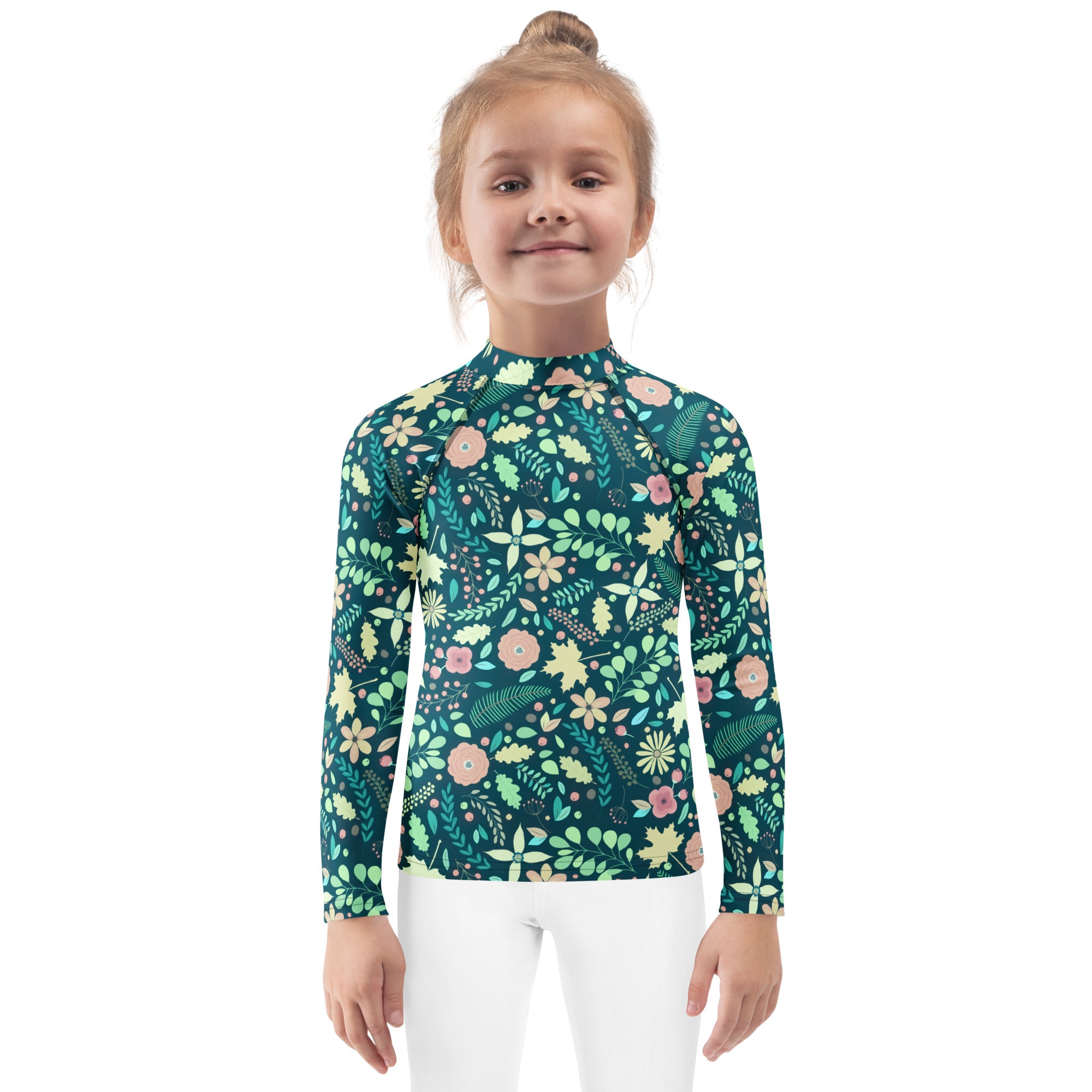 Kids Tropical Green Wildflower Garden Long Sleeve Rash Guard Swim Shirt – Buttery Soft, Sun Safe UPF 50+ Protection, Quick Dry & 4-Way Stretch Comfort
