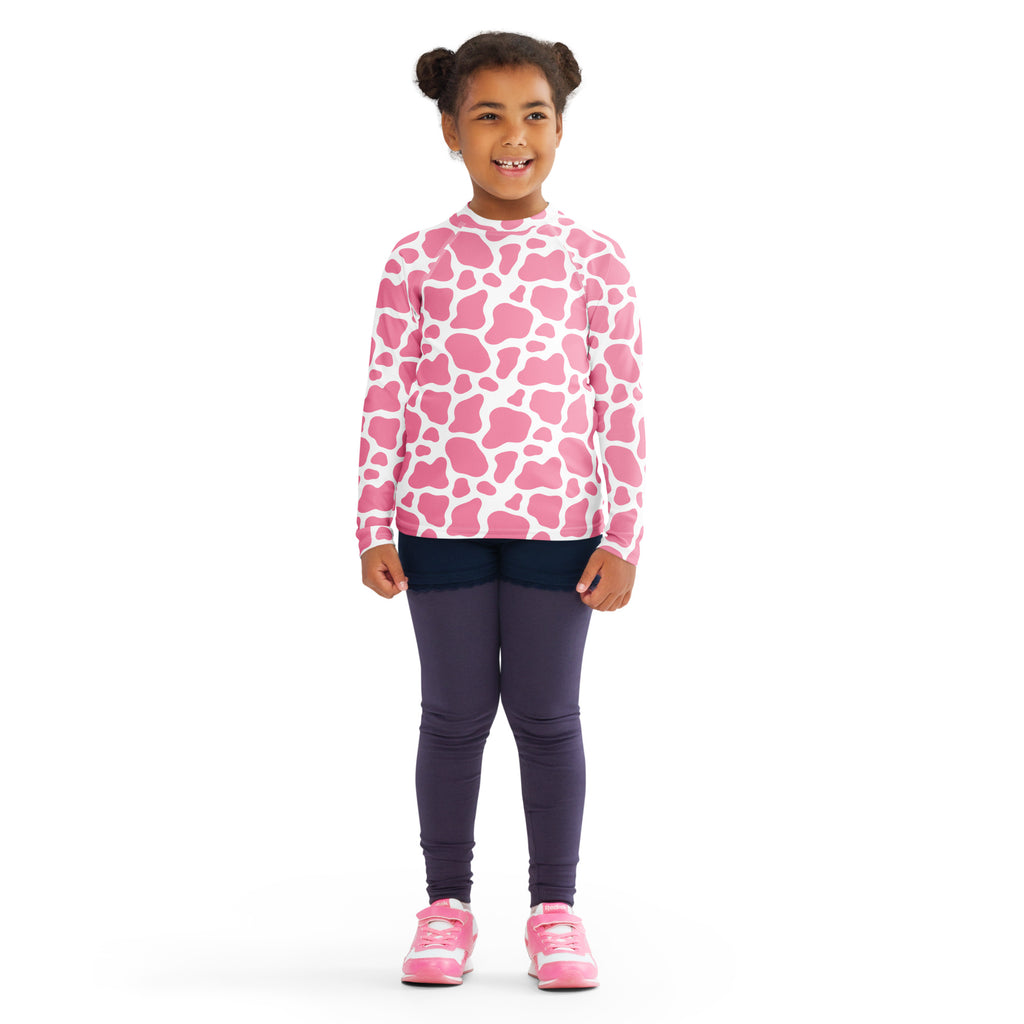 Girls Pink Cow Long Sleeve Rash Guard Swim Shirt – Buttery Soft, Sun Safe UPF 50+ Protection, Quick Dry & 4-Way Stretch Comfort