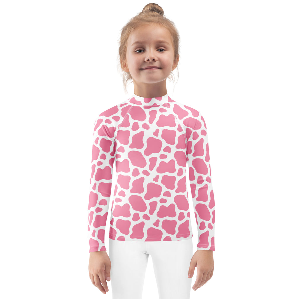 Girls Pink Cow Long Sleeve Rash Guard Swim Shirt – Buttery Soft, Sun Safe UPF 50+ Protection, Quick Dry & 4-Way Stretch Comfort