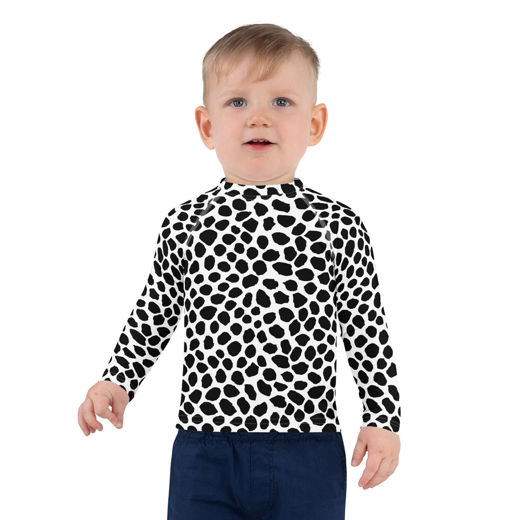 Kids Black & White Dalmatian Print Long Sleeve Rash Guard Swim Shirt – Buttery Soft, Sun Safe UPF 50+ Protection, Quick Dry & 4-Way Stretch Comfort