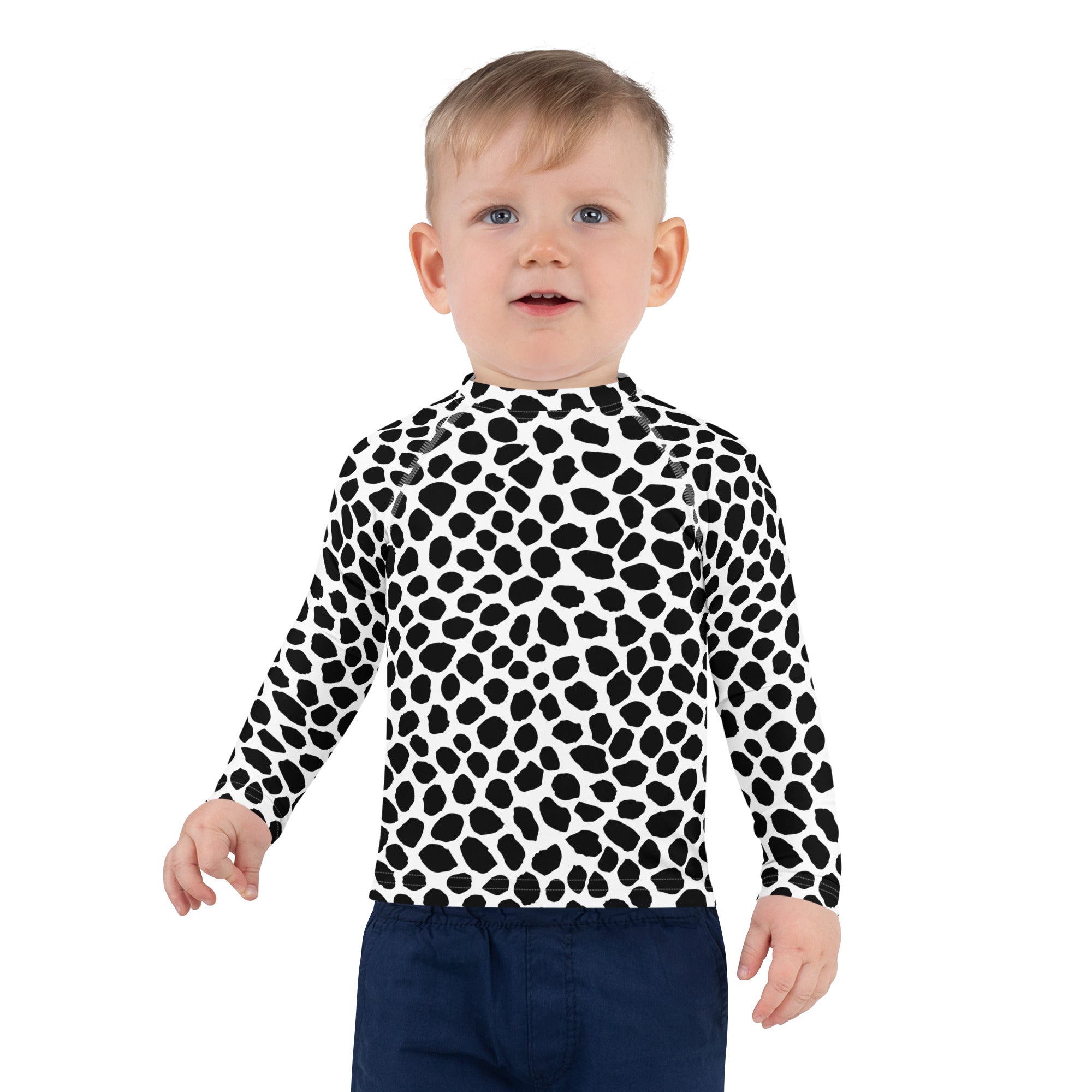 Kids Black & White Dalmatian Print Long Sleeve Rash Guard Swim Shirt – Buttery Soft, Sun Safe UPF 50+ Protection, Quick Dry & 4-Way Stretch Comfort
