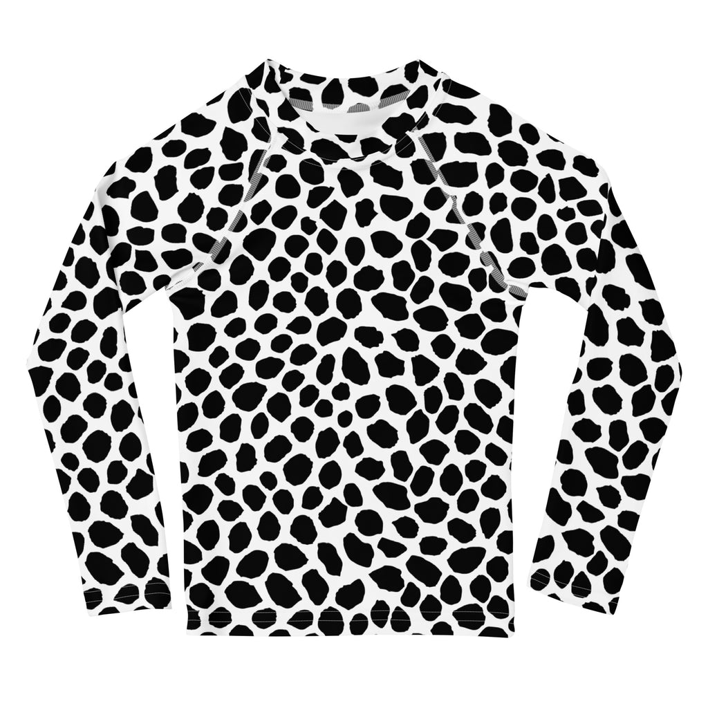 Kids Black & White Dalmatian Print Long Sleeve Rash Guard Swim Shirt – Buttery Soft, Sun Safe UPF 50+ Protection, Quick Dry & 4-Way Stretch Comfort