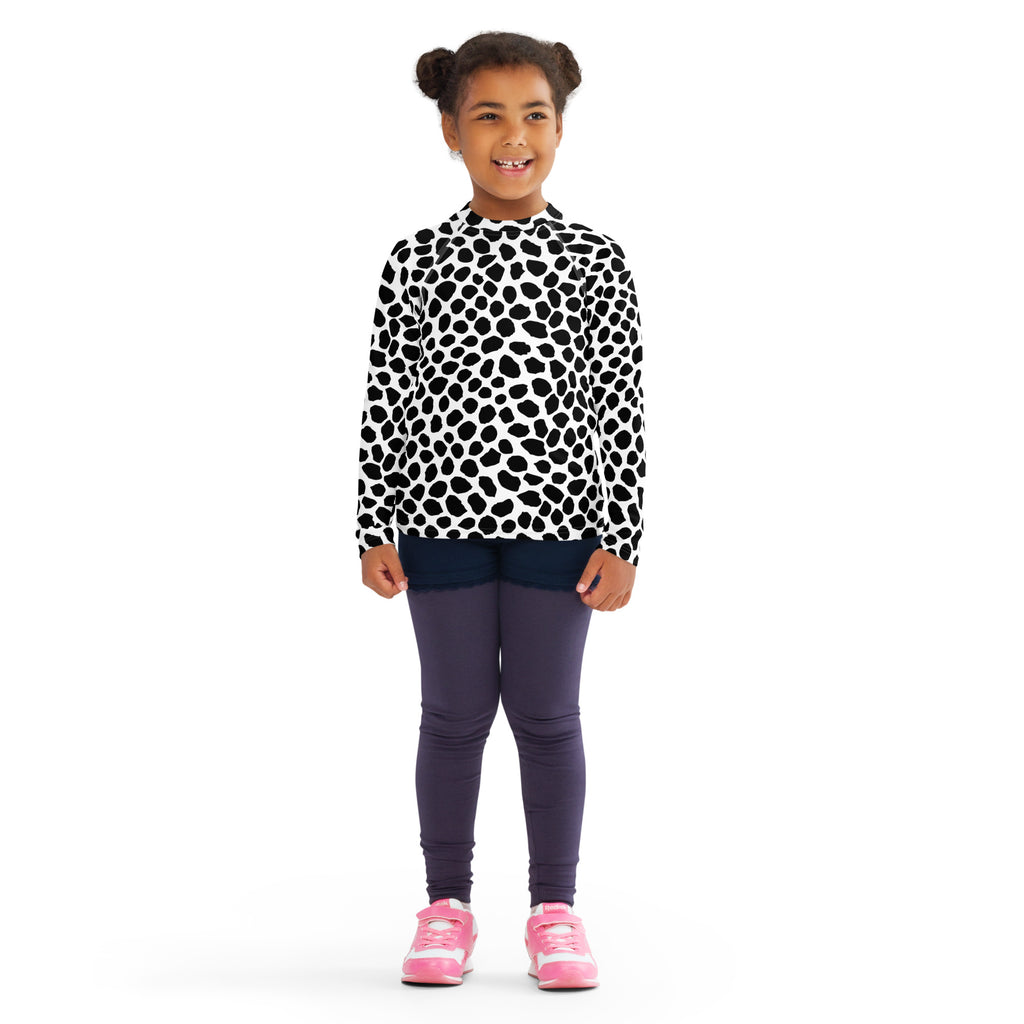 Kids Black & White Dalmatian Print Long Sleeve Rash Guard Swim Shirt – Buttery Soft, Sun Safe UPF 50+ Protection, Quick Dry & 4-Way Stretch Comfort