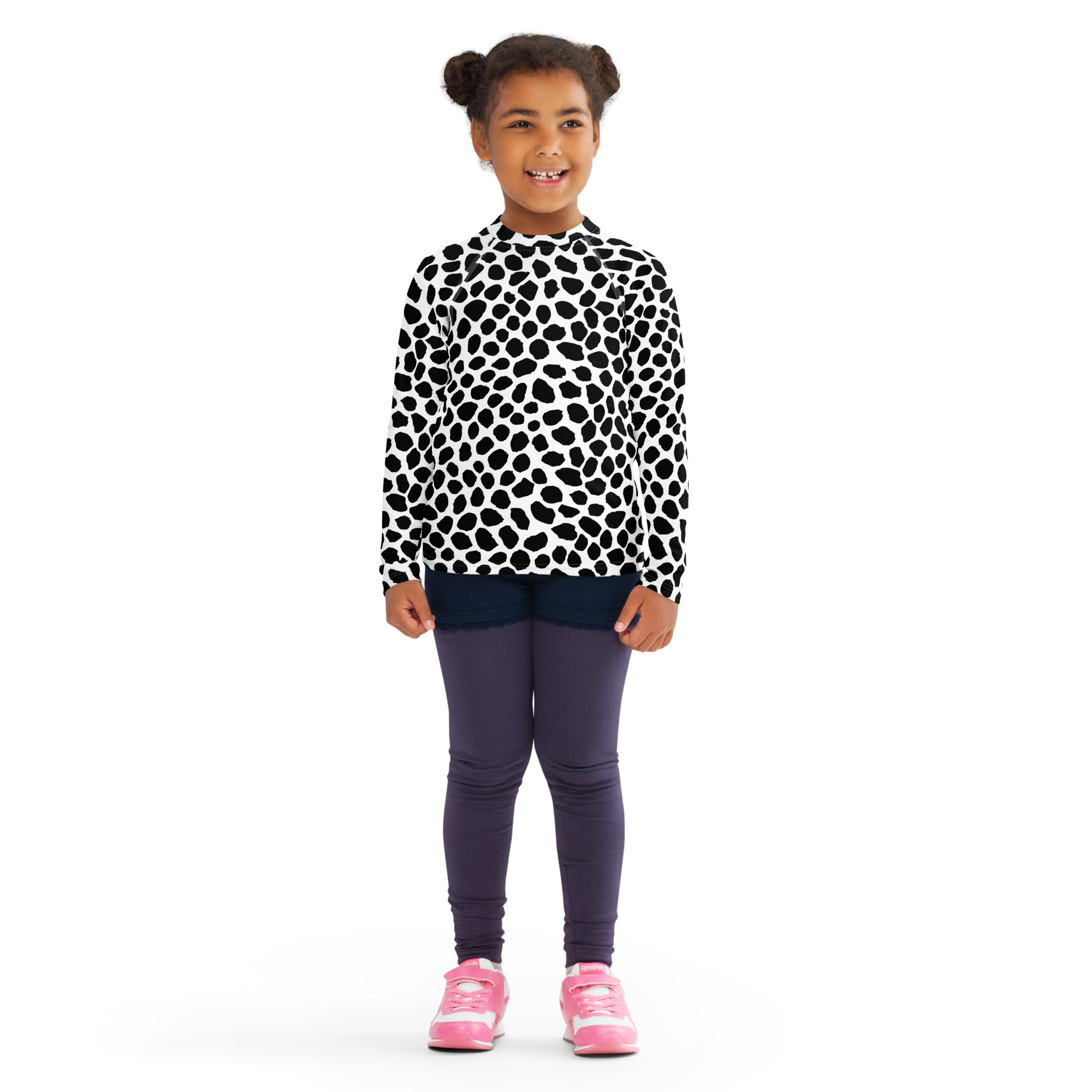 Kids Black & White Dalmatian Print Long Sleeve Rash Guard Swim Shirt – Buttery Soft, Sun Safe UPF 50+ Protection, Quick Dry & 4-Way Stretch Comfort