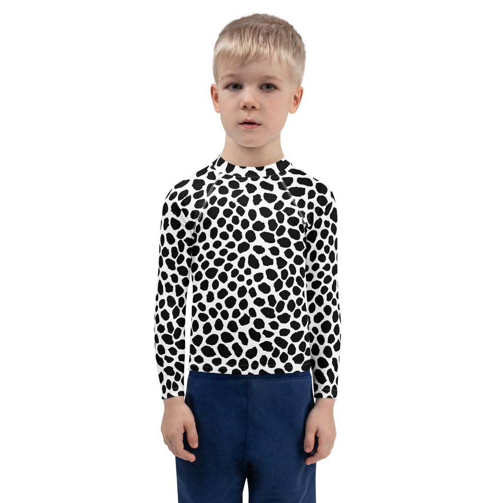 Kids Black & White Dalmatian Print Long Sleeve Rash Guard Swim Shirt – Buttery Soft, Sun Safe UPF 50+ Protection, Quick Dry & 4-Way Stretch Comfort