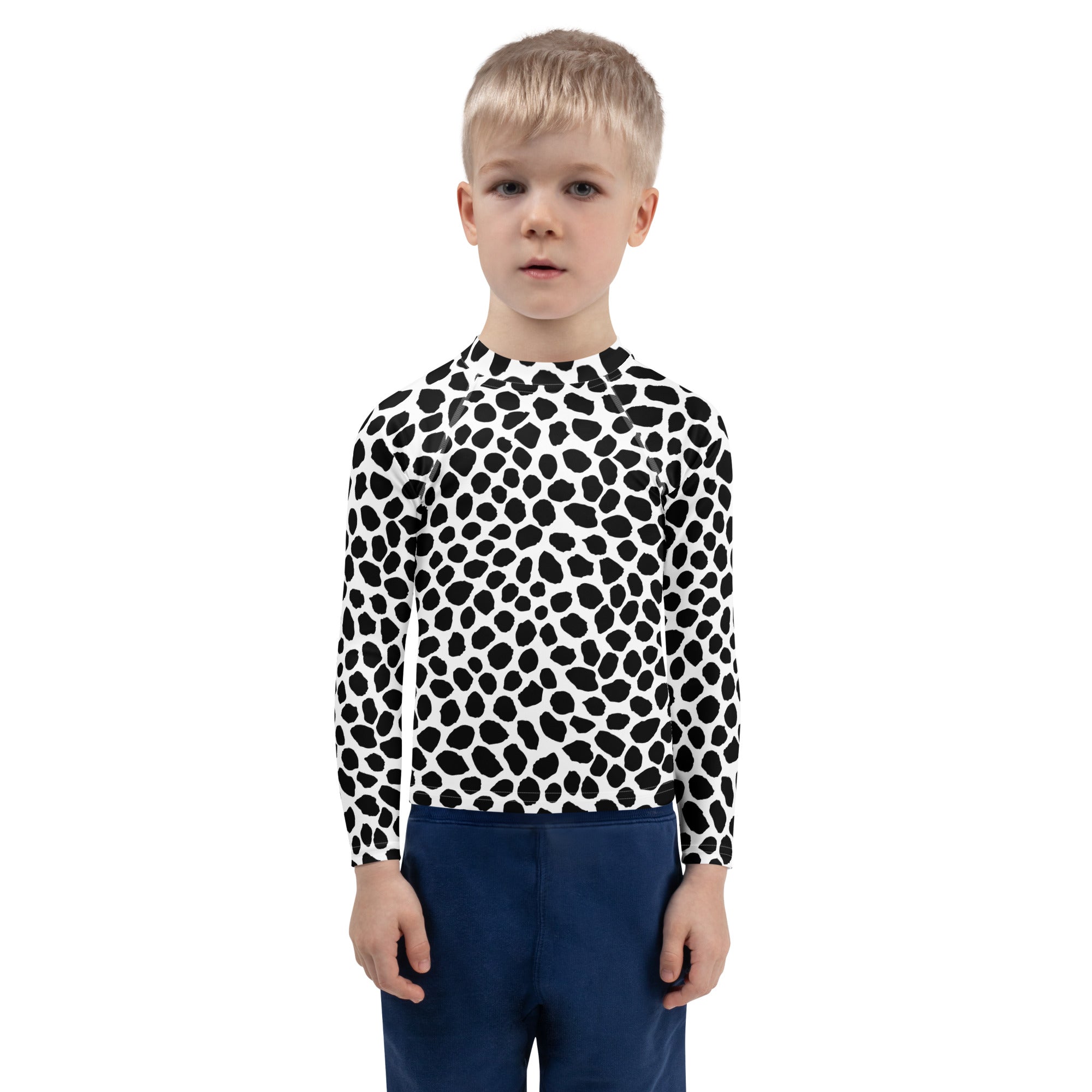 Kids Black & White Dalmatian Print Long Sleeve Rash Guard Swim Shirt – Buttery Soft, Sun Safe UPF 50+ Protection, Quick Dry & 4-Way Stretch Comfort