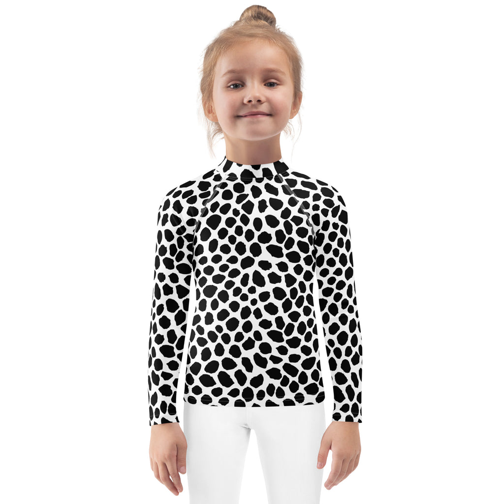 Kids Black & White Dalmatian Print Long Sleeve Rash Guard Swim Shirt – Buttery Soft, Sun Safe UPF 50+ Protection, Quick Dry & 4-Way Stretch Comfort
