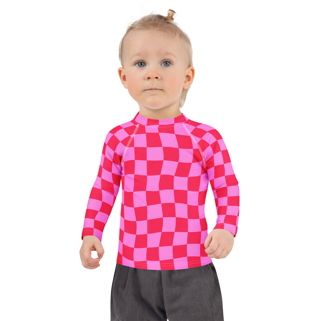 Girls Pink Checkerboard Long Sleeve Rash Guard Swim Shirt – Buttery Soft, Sun Safe UPF 50+ Protection, Quick Dry & 4-Way Stretch Comfort
