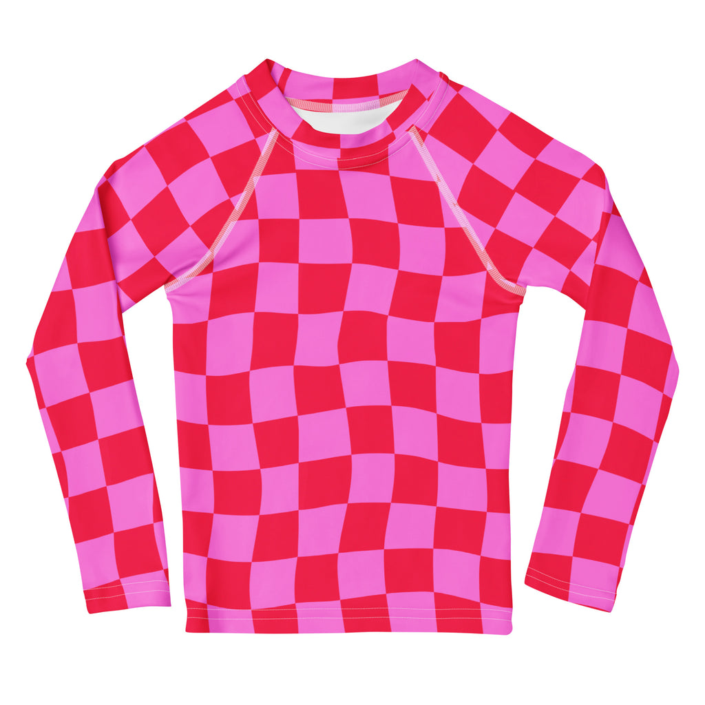 Girls Pink Checkerboard Long Sleeve Rash Guard Swim Shirt – Buttery Soft, Sun Safe UPF 50+ Protection, Quick Dry & 4-Way Stretch Comfort