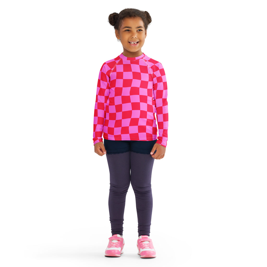 Girls Pink Checkerboard Long Sleeve Rash Guard Swim Shirt – Buttery Soft, Sun Safe UPF 50+ Protection, Quick Dry & 4-Way Stretch Comfort