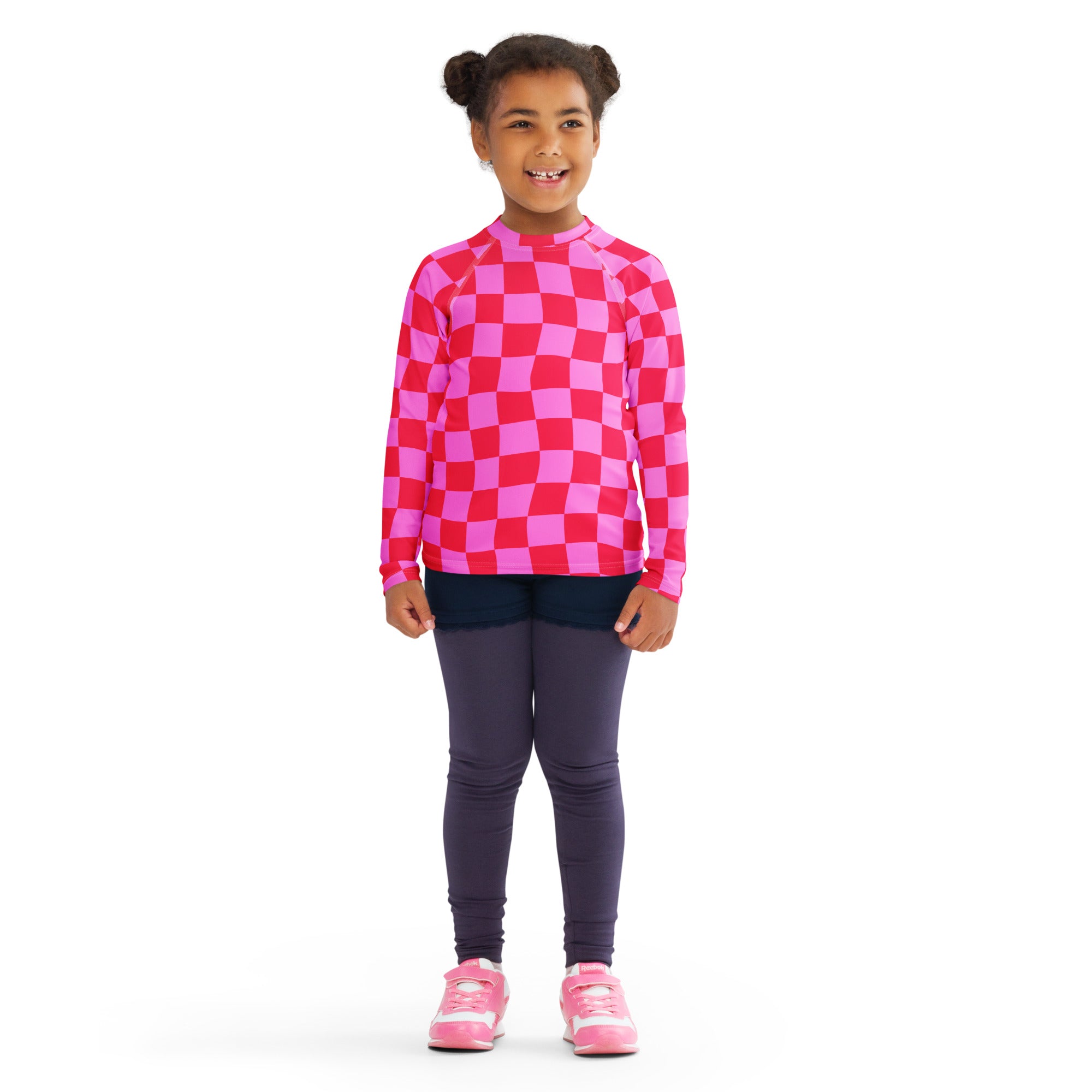 Girls Pink Checkerboard Long Sleeve Rash Guard Swim Shirt – Buttery Soft, Sun Safe UPF 50+ Protection, Quick Dry & 4-Way Stretch Comfort