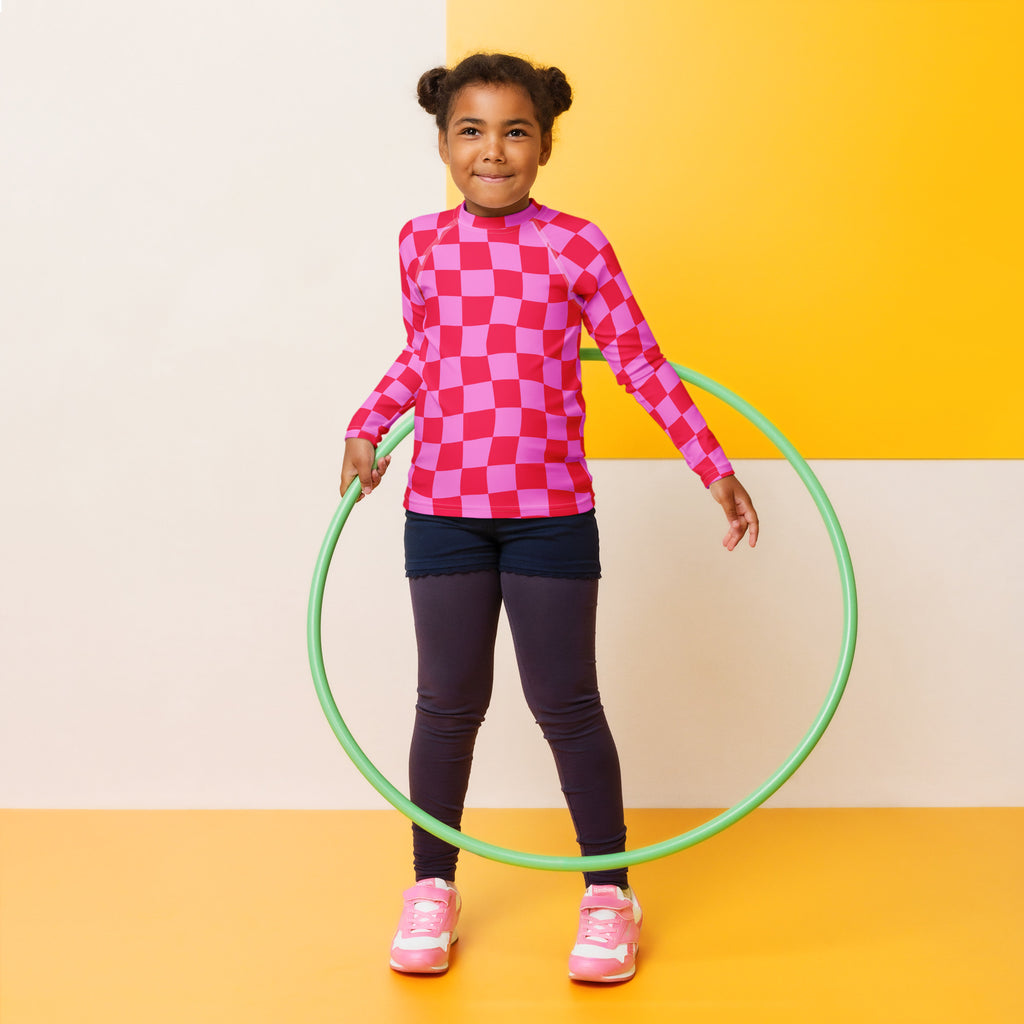 Girls Pink Checkerboard Long Sleeve Rash Guard Swim Shirt – Buttery Soft, Sun Safe UPF 50+ Protection, Quick Dry & 4-Way Stretch Comfort