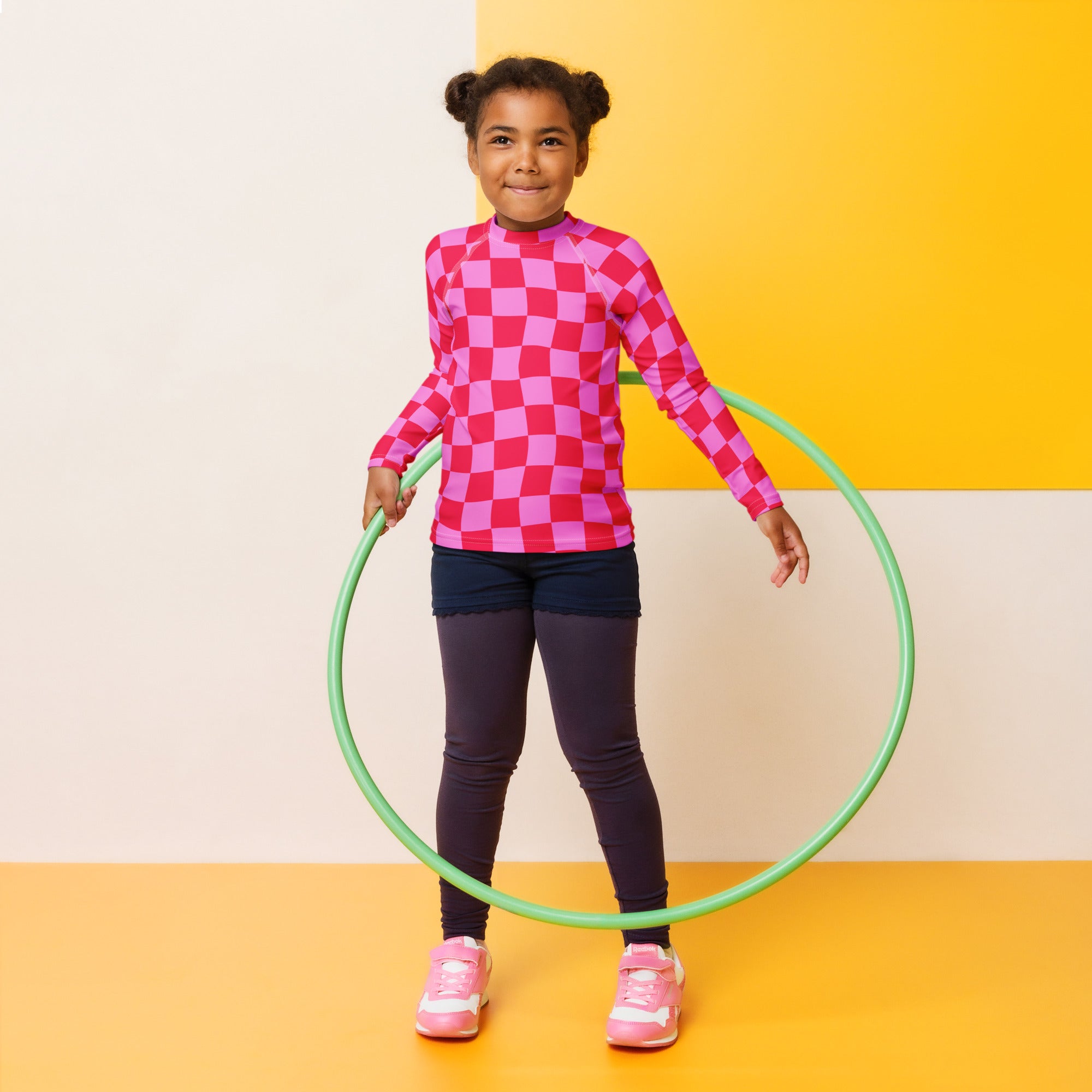 Girls Pink Checkerboard Long Sleeve Rash Guard Swim Shirt – Buttery Soft, Sun Safe UPF 50+ Protection, Quick Dry & 4-Way Stretch Comfort
