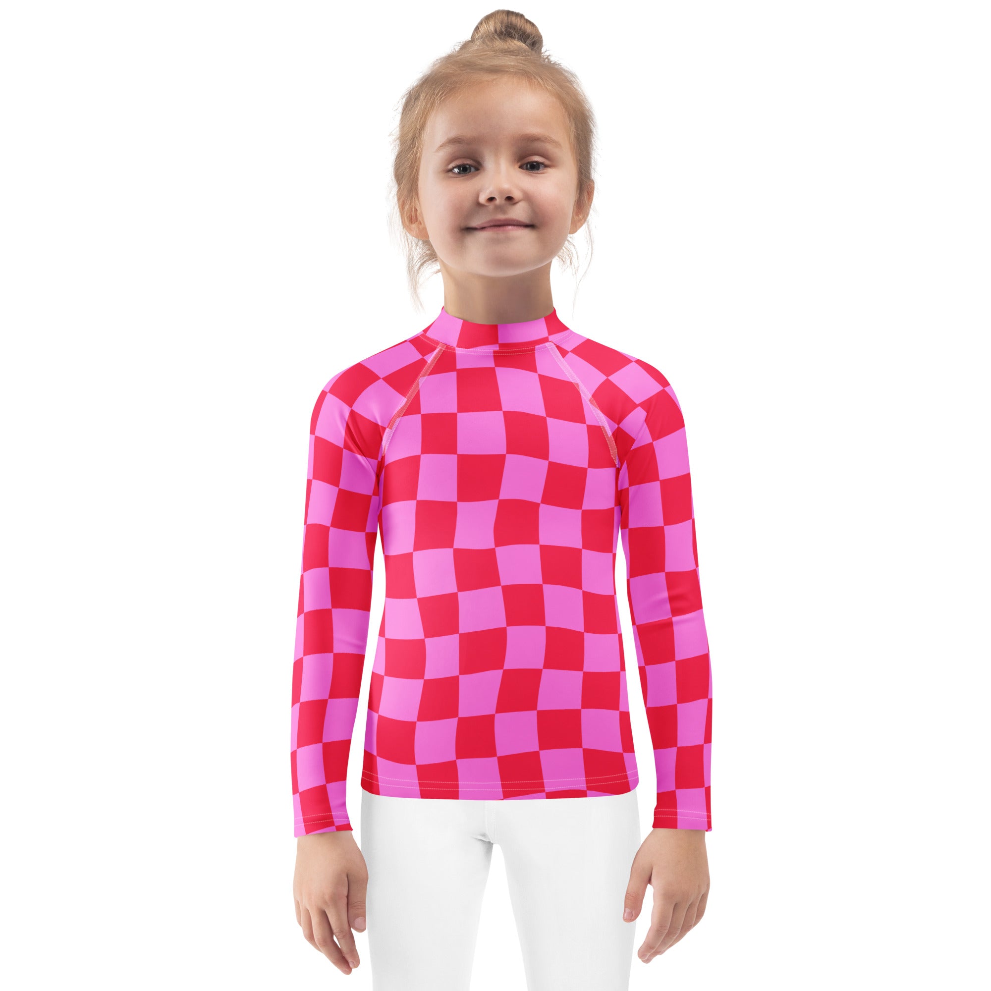 Girls Pink Checkerboard Long Sleeve Rash Guard Swim Shirt – Buttery Soft, Sun Safe UPF 50+ Protection, Quick Dry & 4-Way Stretch Comfort