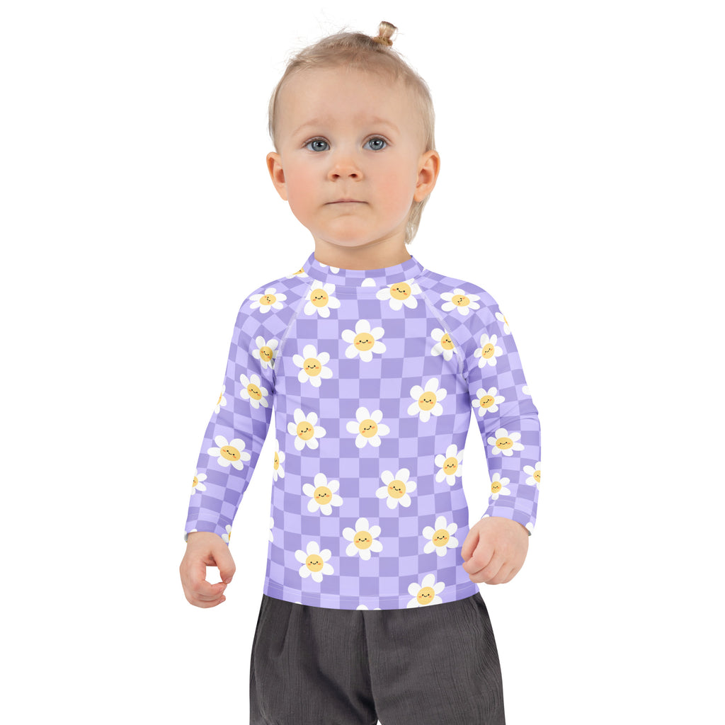 Girls Purple Smile Daisy Checkered Long Sleeve Rash Guard Swim Shirt – Buttery Soft, Sun Safe UPF 50+ Protection, Quick Dry & 4-Way Stretch Comfort