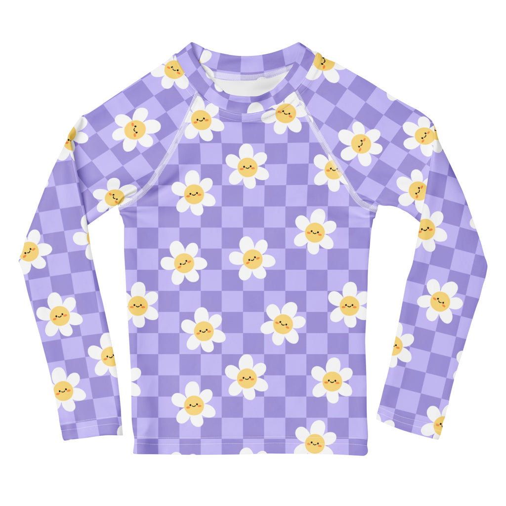 Girls Purple Smile Daisy Checkered Long Sleeve Rash Guard Swim Shirt – Buttery Soft, Sun Safe UPF 50+ Protection, Quick Dry & 4-Way Stretch Comfort