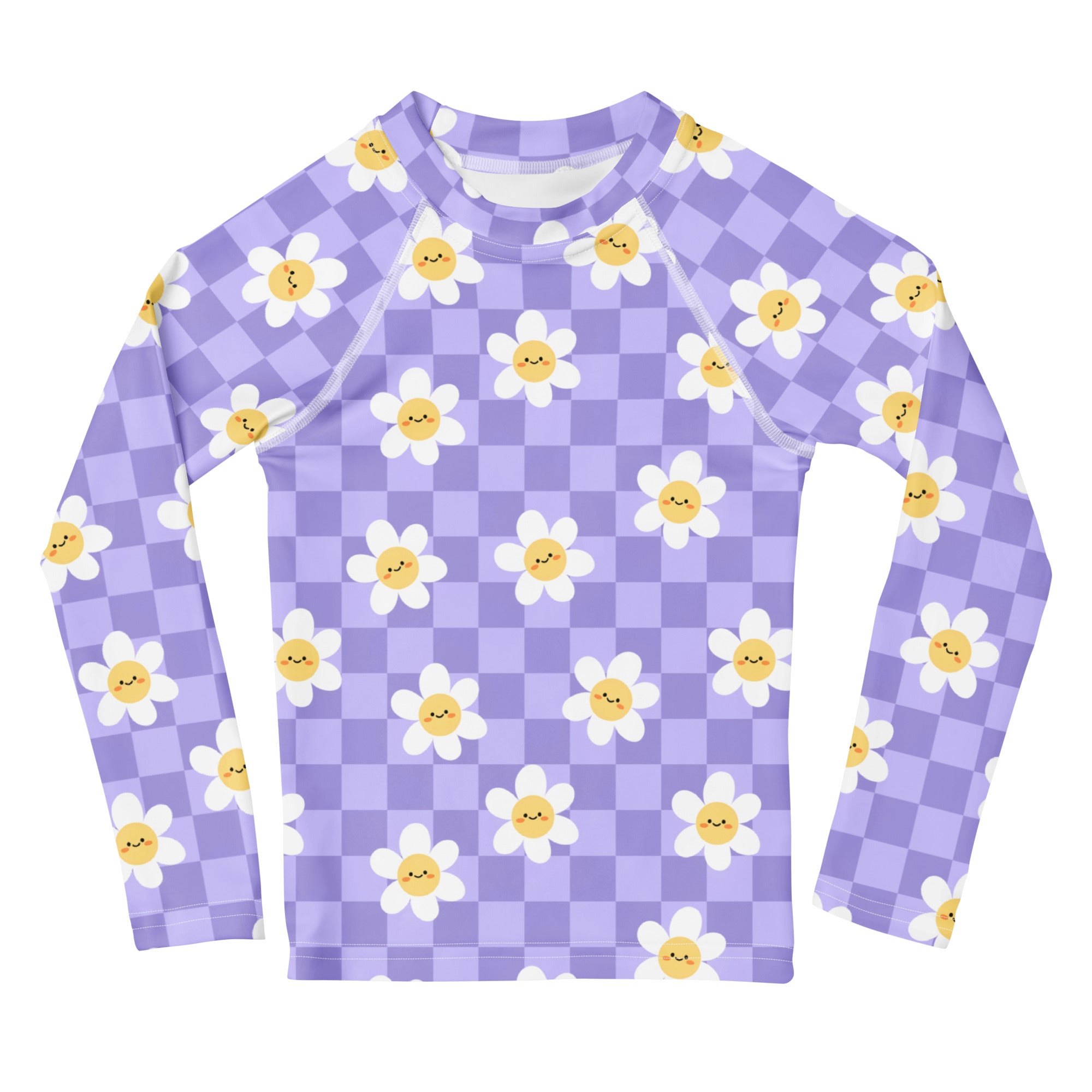 Girls Purple Smile Daisy Checkered Long Sleeve Rash Guard Swim Shirt – Buttery Soft, Sun Safe UPF 50+ Protection, Quick Dry & 4-Way Stretch Comfort