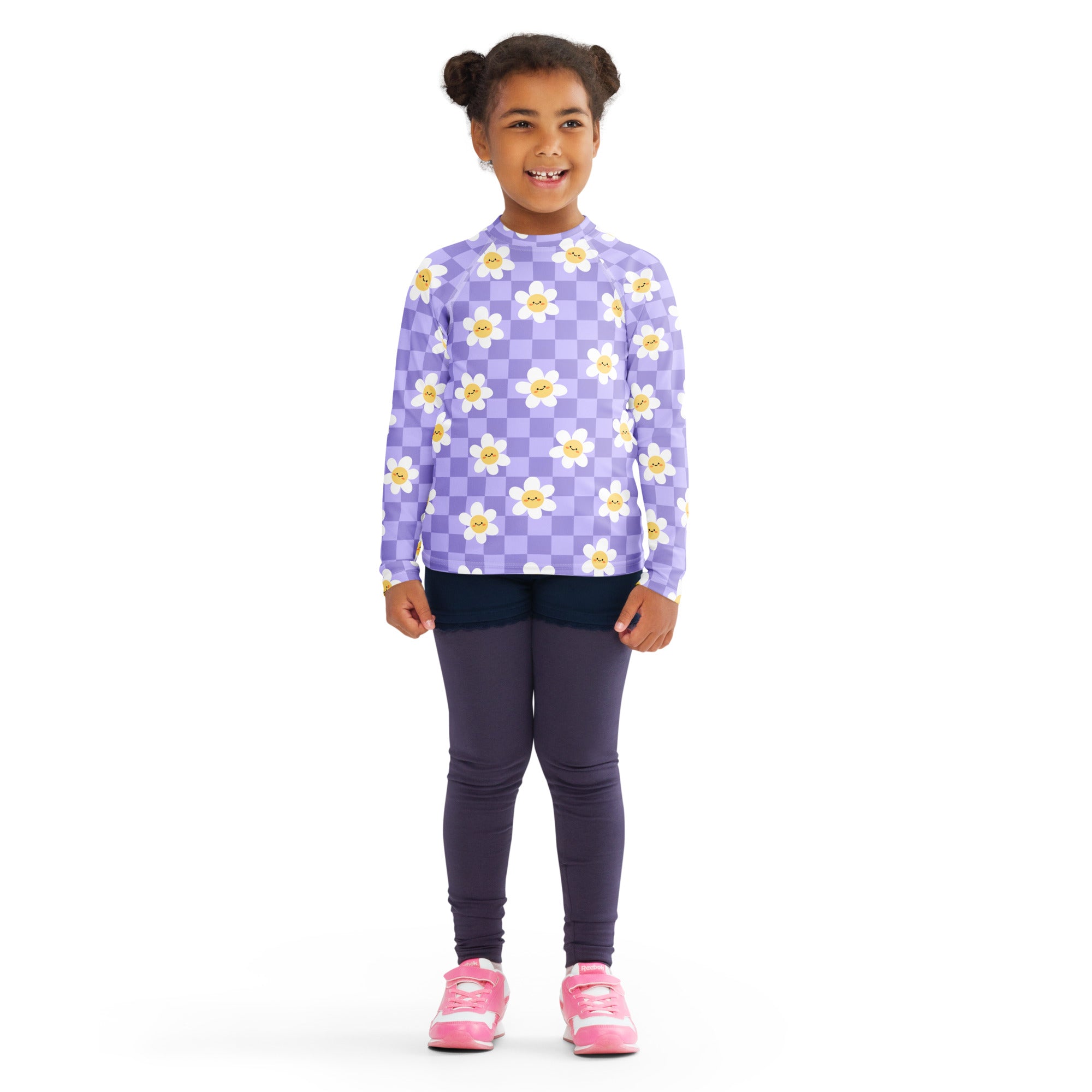 Girls Purple Smile Daisy Checkered Long Sleeve Rash Guard Swim Shirt – Buttery Soft, Sun Safe UPF 50+ Protection, Quick Dry & 4-Way Stretch Comfort