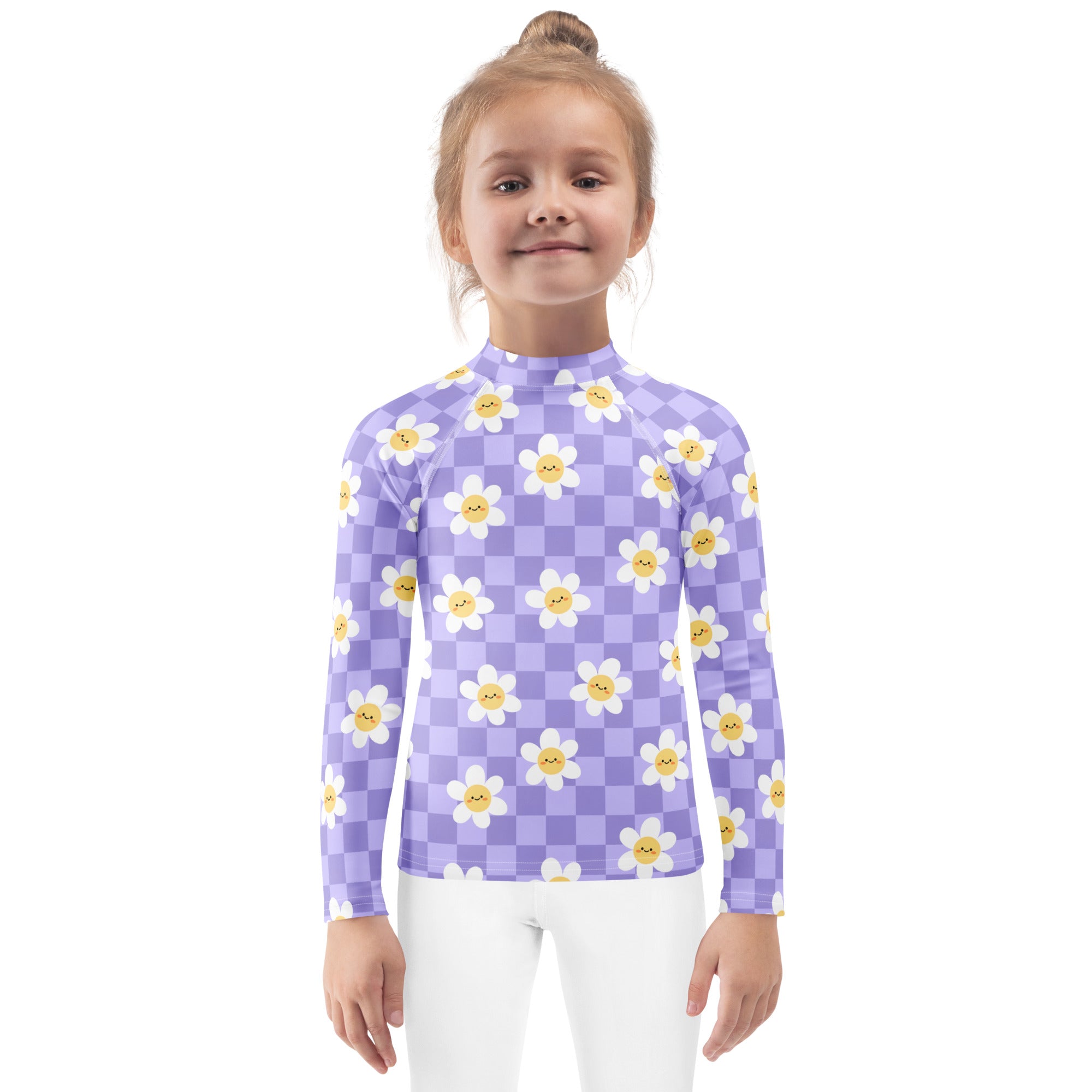 Girls Purple Smile Daisy Checkered Long Sleeve Rash Guard Swim Shirt – Buttery Soft, Sun Safe UPF 50+ Protection, Quick Dry & 4-Way Stretch Comfort