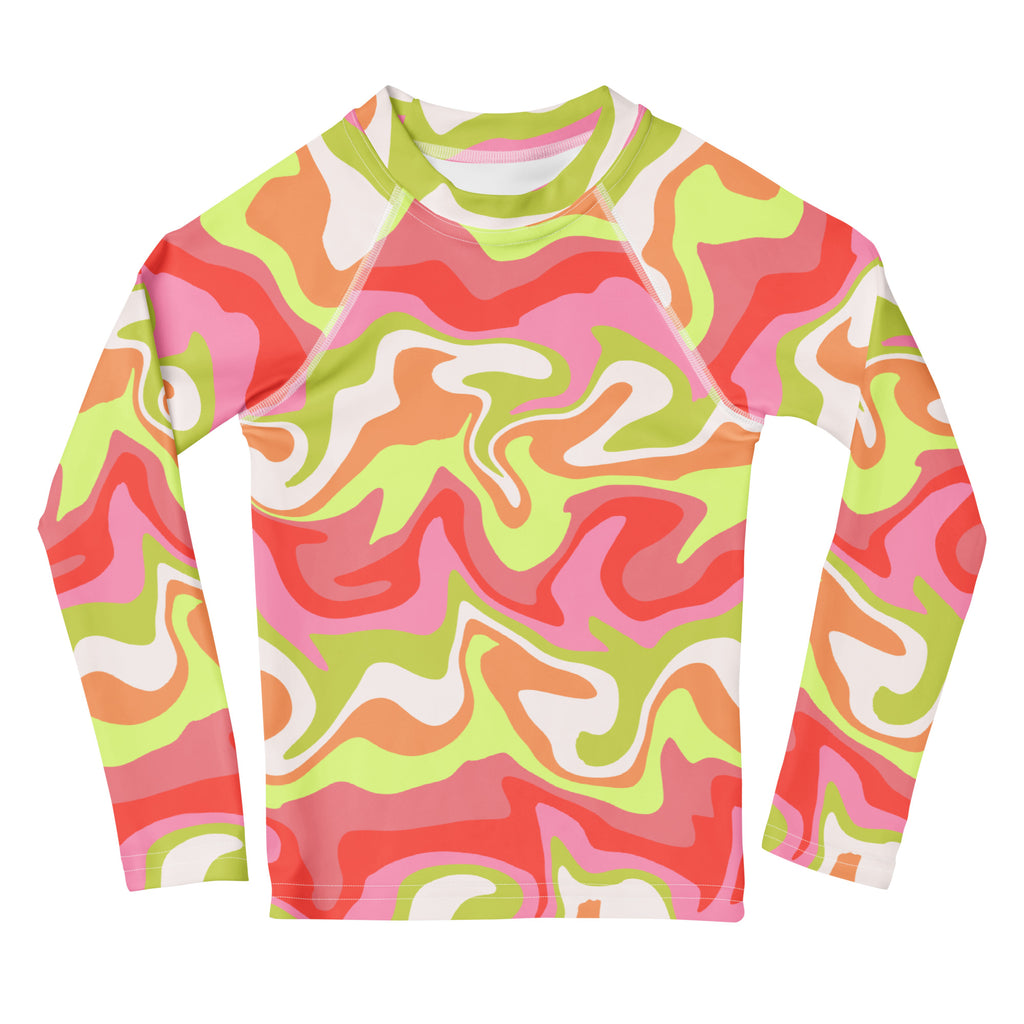 Kids Watercolor Swirl Long Sleeve Rash Guard Swim Shirt – Buttery Soft, Sun Safe UPF 50+ Protection, Quick Dry & 4-Way Stretch Comfort