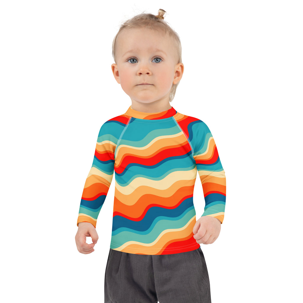 Kids Retro Sunset Waves Long Sleeve Rash Guard Swim Shirt – Buttery Soft, Sun Safe UPF 50+ Protection, Quick Dry & 4-Way Stretch Comfort
