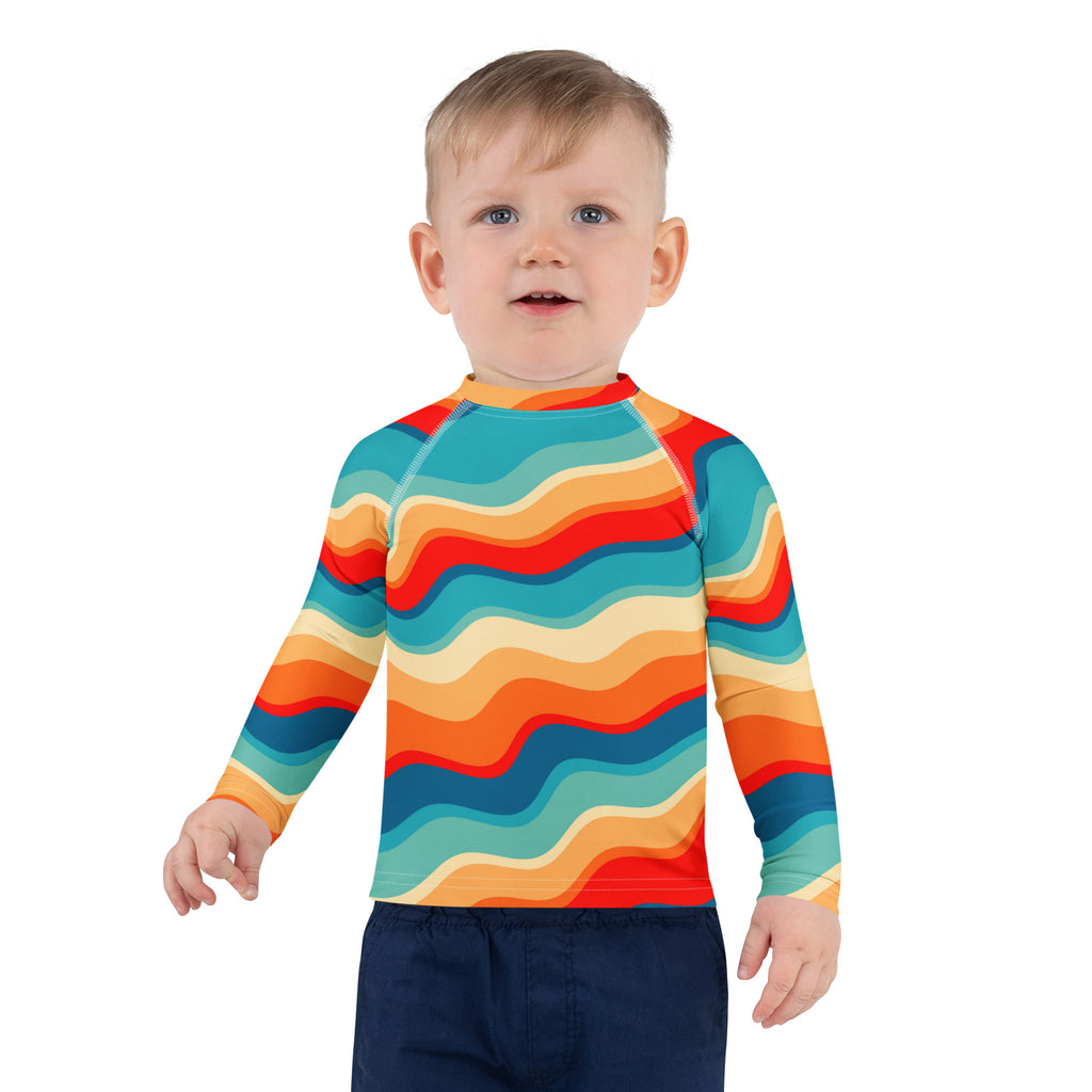 Kids Retro Sunset Waves Long Sleeve Rash Guard Swim Shirt – Buttery Soft, Sun Safe UPF 50+ Protection, Quick Dry & 4-Way Stretch Comfort