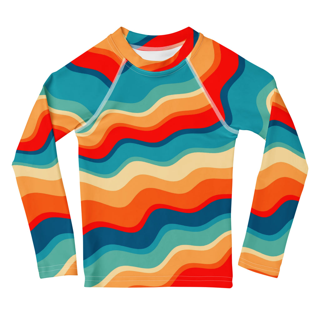 Kids Retro Sunset Waves Long Sleeve Rash Guard Swim Shirt – Buttery Soft, Sun Safe UPF 50+ Protection, Quick Dry & 4-Way Stretch Comfort
