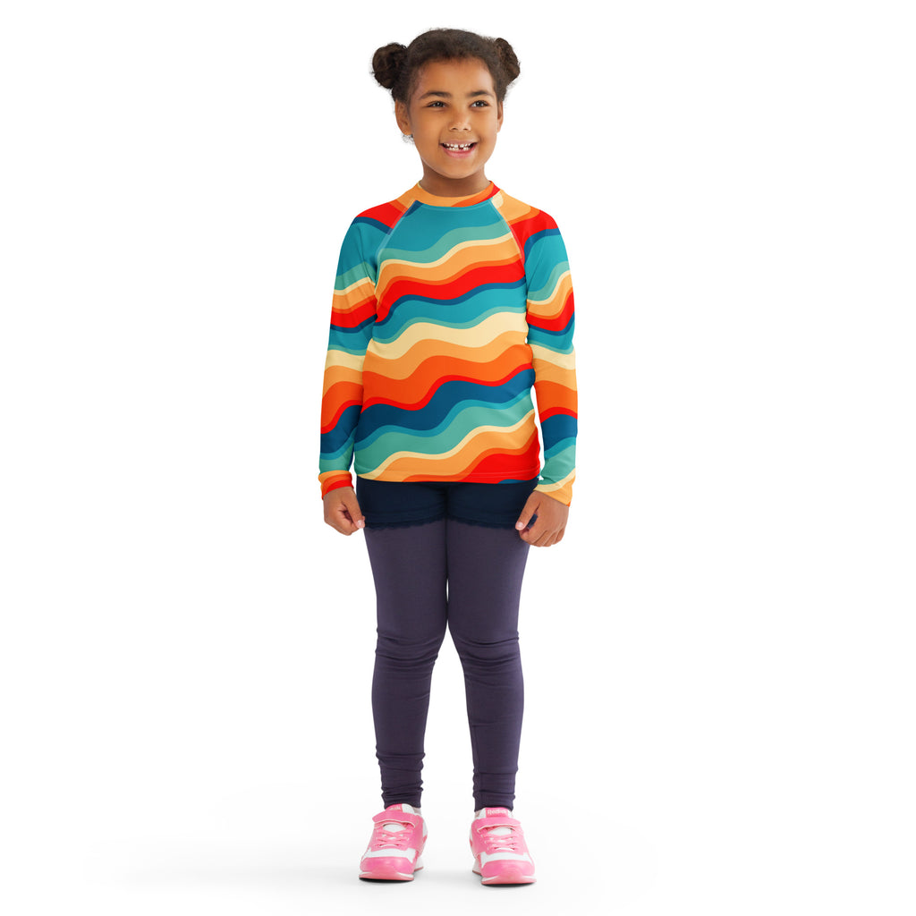 Kids Retro Sunset Waves Long Sleeve Rash Guard Swim Shirt – Buttery Soft, Sun Safe UPF 50+ Protection, Quick Dry & 4-Way Stretch Comfort