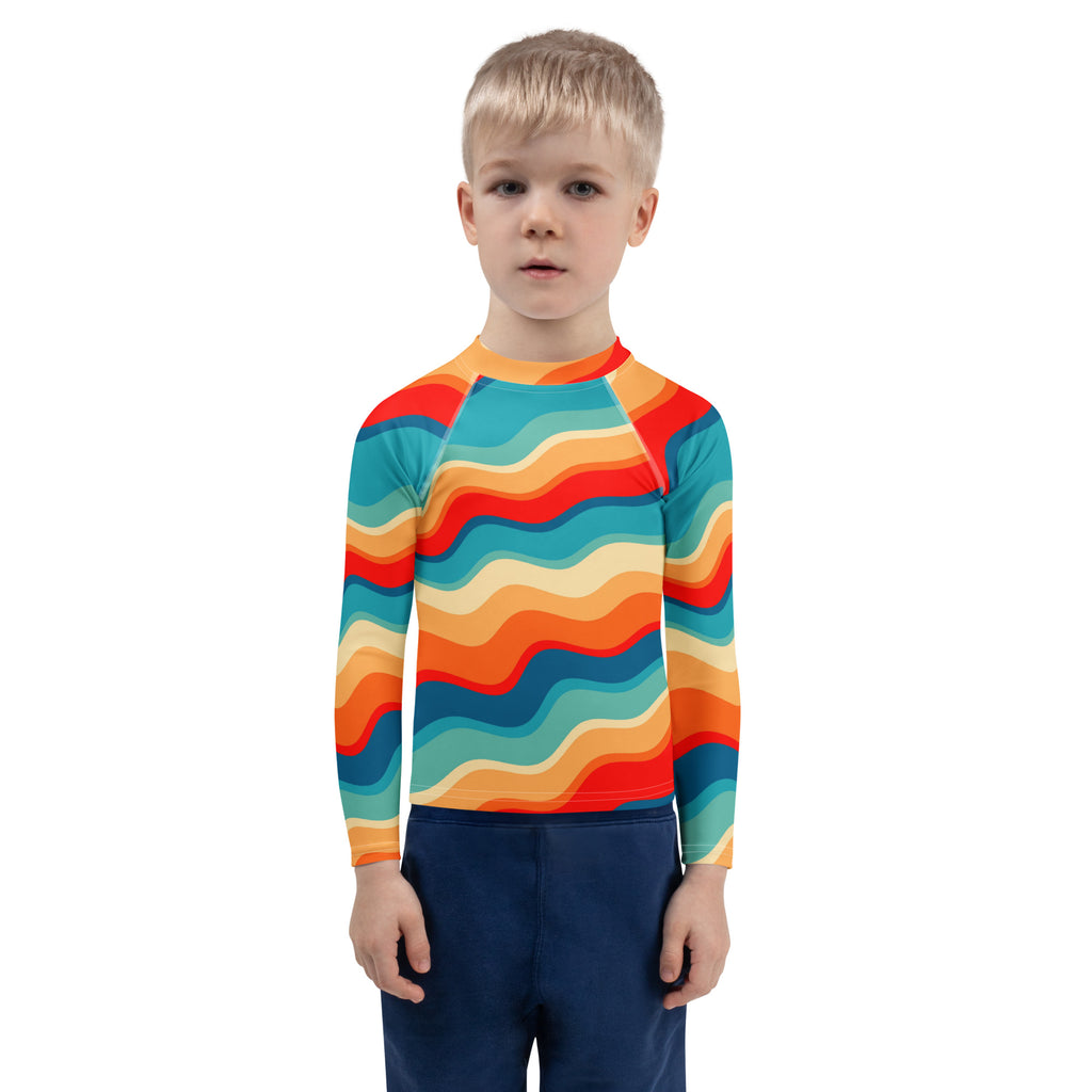 Kids Retro Sunset Waves Long Sleeve Rash Guard Swim Shirt – Buttery Soft, Sun Safe UPF 50+ Protection, Quick Dry & 4-Way Stretch Comfort