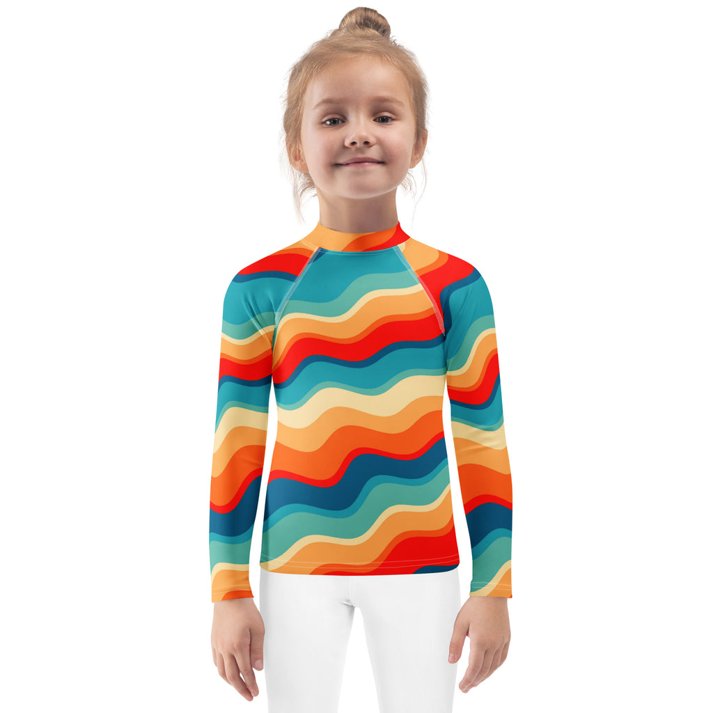 Kids Retro Sunset Waves Long Sleeve Rash Guard Swim Shirt – Buttery Soft, Sun Safe UPF 50+ Protection, Quick Dry & 4-Way Stretch Comfort