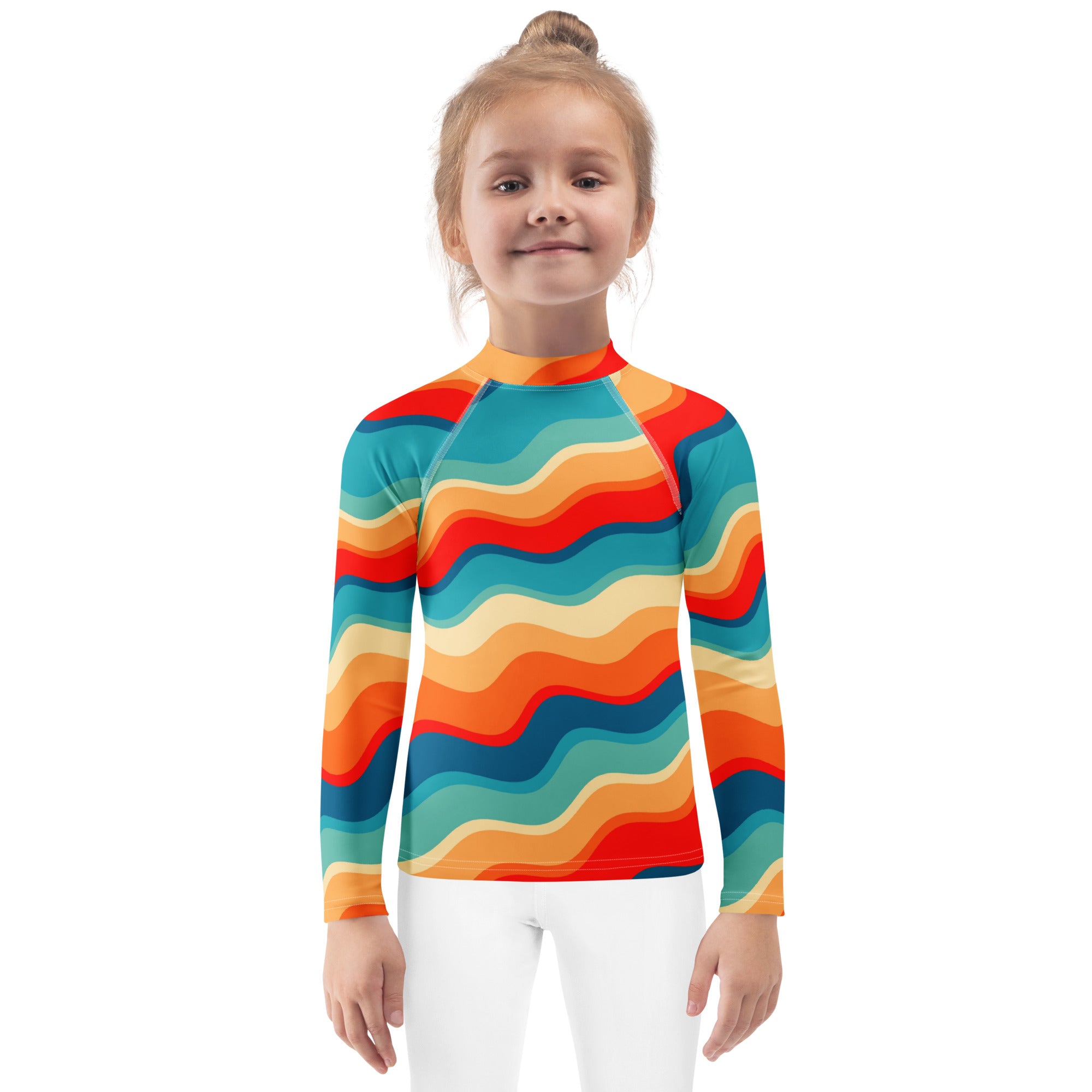 Kids Retro Sunset Waves Long Sleeve Rash Guard Swim Shirt – Buttery Soft, Sun Safe UPF 50+ Protection, Quick Dry & 4-Way Stretch Comfort