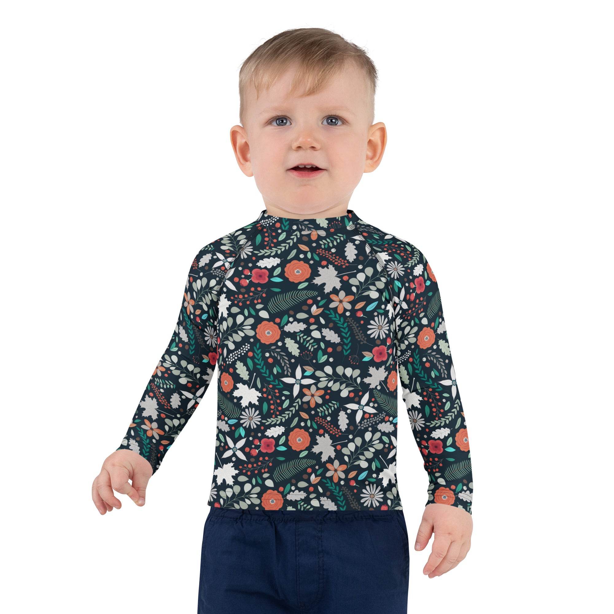 Kids Tropical Midnight Wildflowers Long Sleeve Rash Guard Swim Shirt – Buttery Soft, Sun Safe UPF 50+ Protection, Quick Dry & 4-Way Stretch Comfort