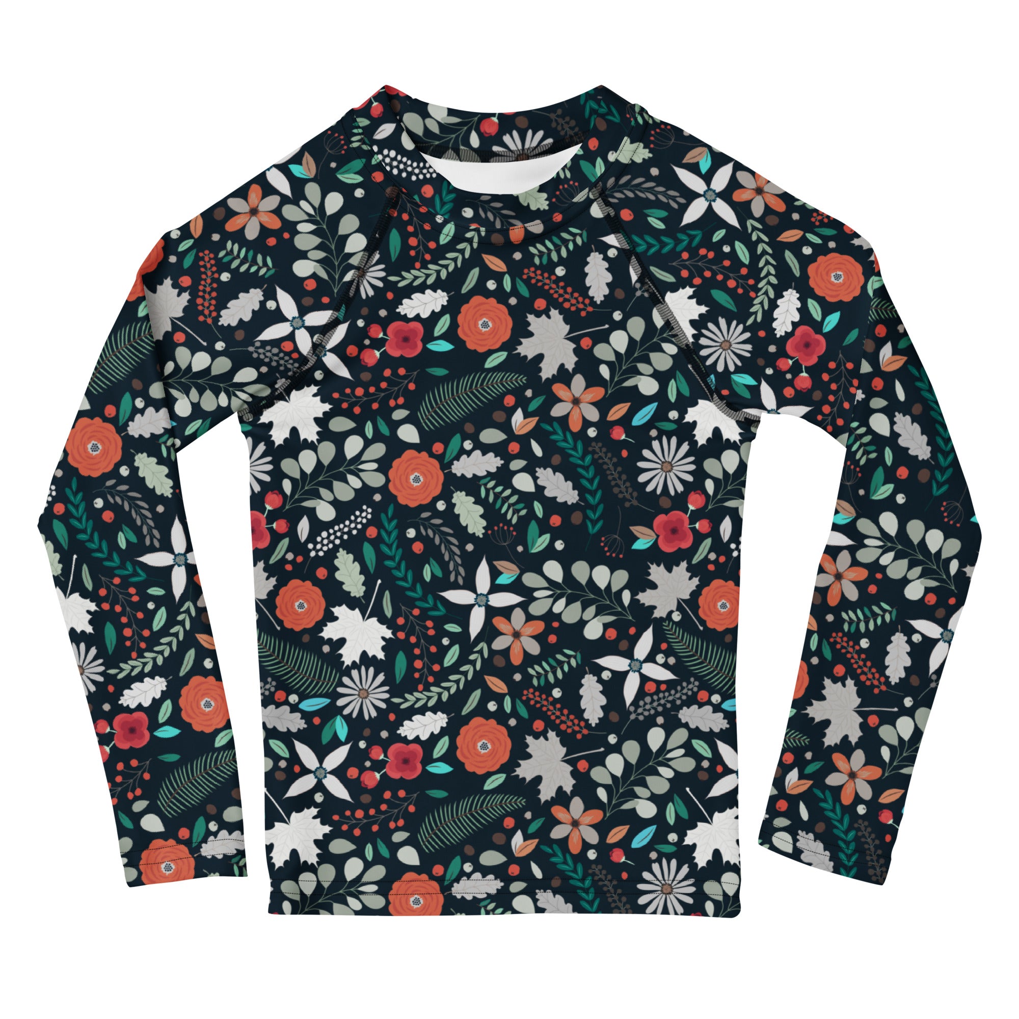 Kids Tropical Midnight Wildflowers Long Sleeve Rash Guard Swim Shirt – Buttery Soft, Sun Safe UPF 50+ Protection, Quick Dry & 4-Way Stretch Comfort