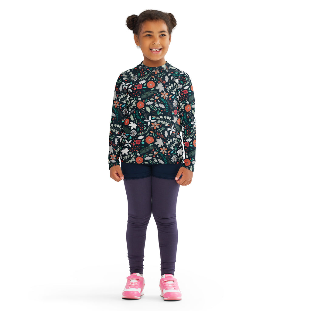 Kids Tropical Midnight Wildflowers Long Sleeve Rash Guard Swim Shirt – Buttery Soft, Sun Safe UPF 50+ Protection, Quick Dry & 4-Way Stretch Comfort