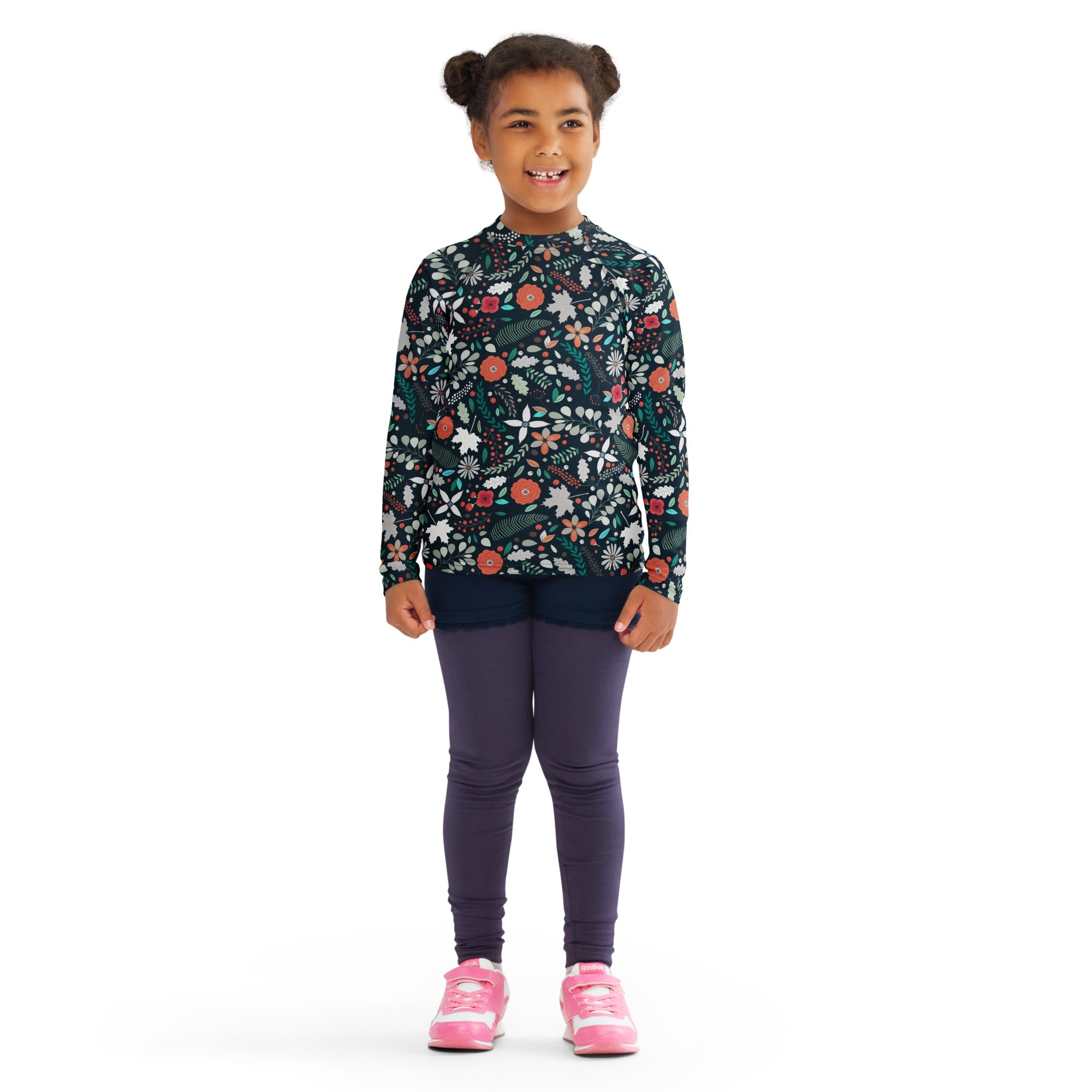 Kids Tropical Midnight Wildflowers Long Sleeve Rash Guard Swim Shirt – Buttery Soft, Sun Safe UPF 50+ Protection, Quick Dry & 4-Way Stretch Comfort