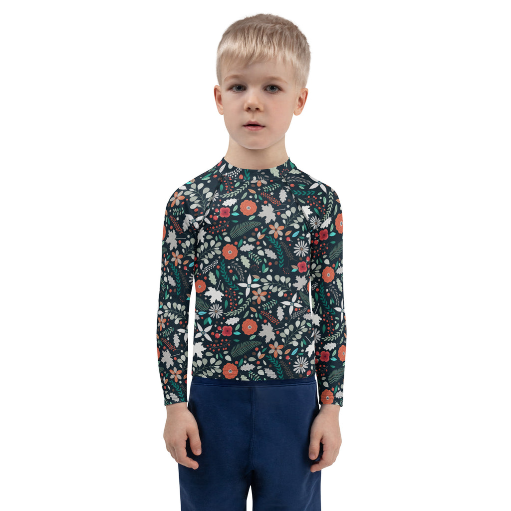 Kids Tropical Midnight Wildflowers Long Sleeve Rash Guard Swim Shirt – Buttery Soft, Sun Safe UPF 50+ Protection, Quick Dry & 4-Way Stretch Comfort