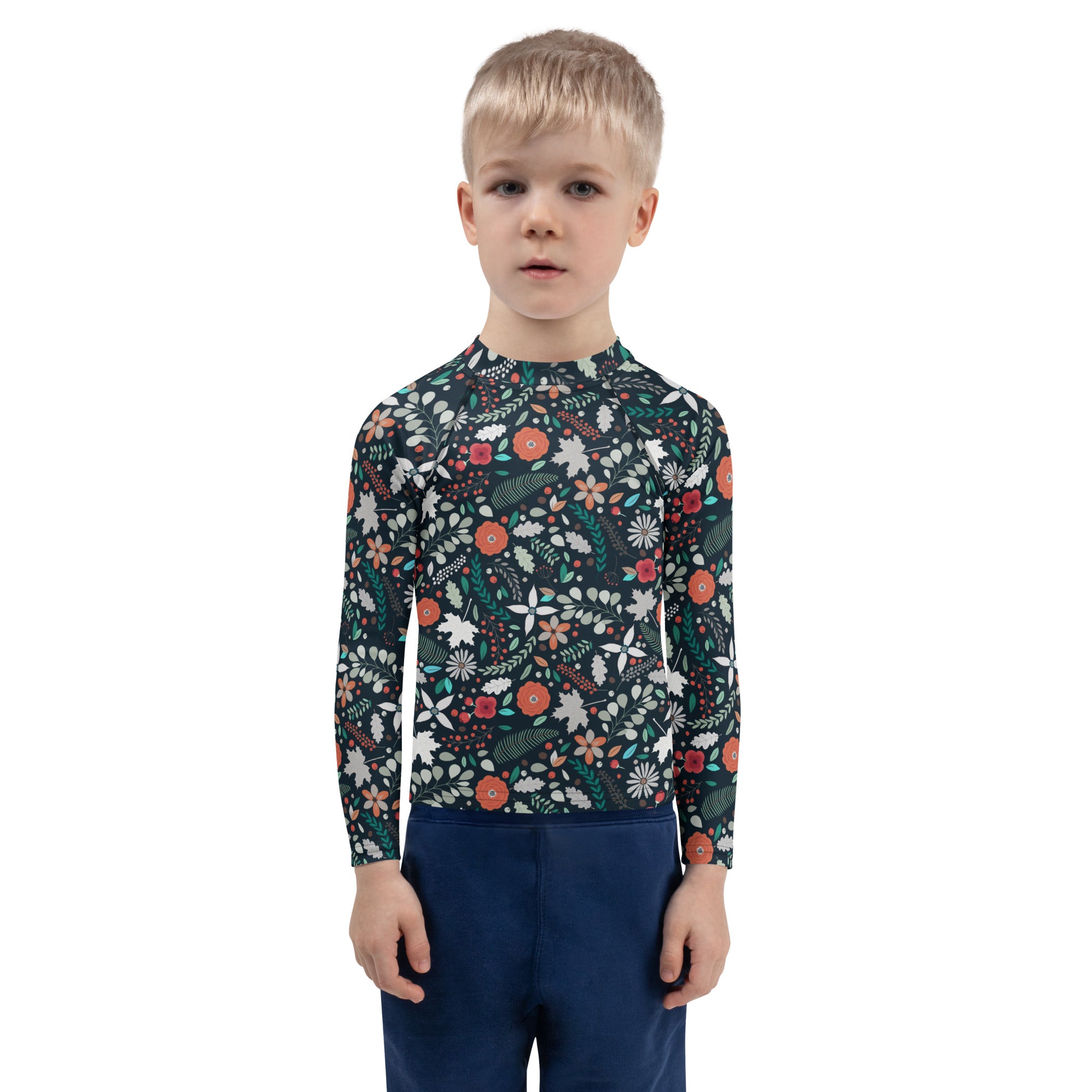 Kids Tropical Midnight Wildflowers Long Sleeve Rash Guard Swim Shirt – Buttery Soft, Sun Safe UPF 50+ Protection, Quick Dry & 4-Way Stretch Comfort