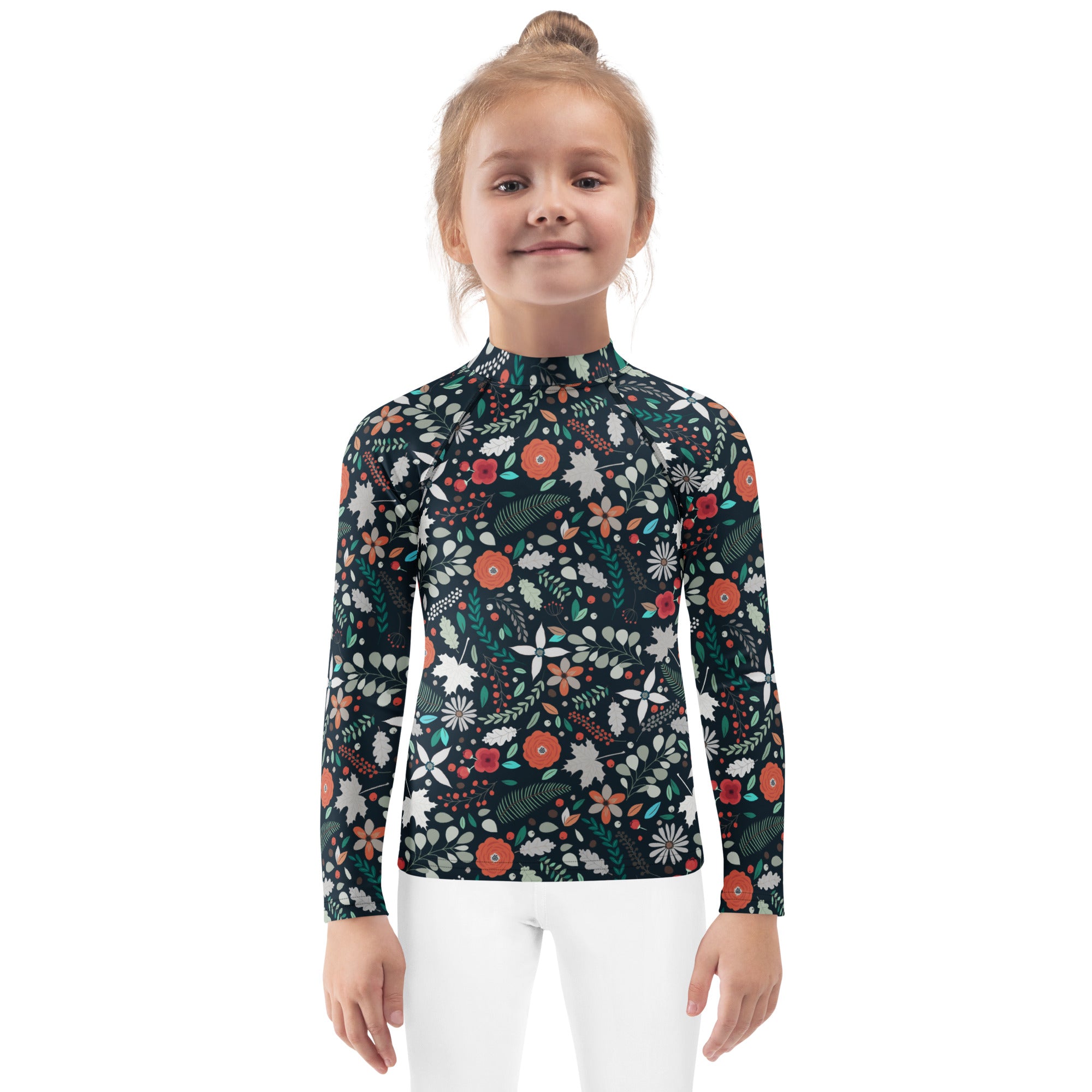 Kids Tropical Midnight Wildflowers Long Sleeve Rash Guard Swim Shirt – Buttery Soft, Sun Safe UPF 50+ Protection, Quick Dry & 4-Way Stretch Comfort