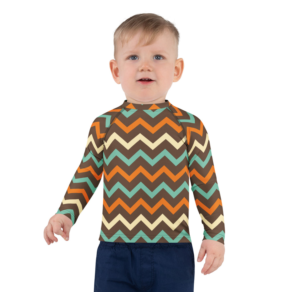 Kids Retro Chevron Long Sleeve Rash Guard Swim Shirt – Buttery Soft, Sun Safe UPF 50+ Protection, Quick Dry & 4-Way Stretch Comfort