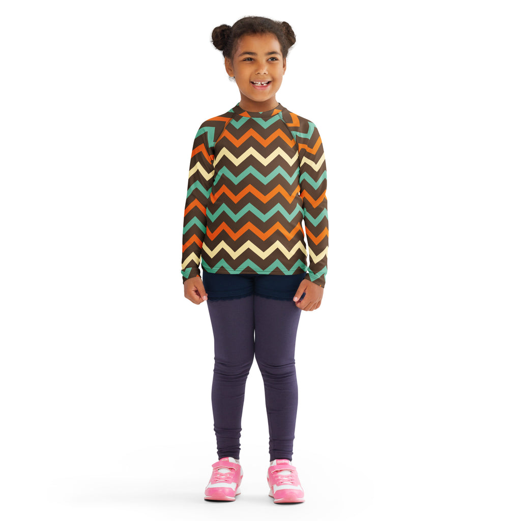 Kids Retro Chevron Long Sleeve Rash Guard Swim Shirt – Buttery Soft, Sun Safe UPF 50+ Protection, Quick Dry & 4-Way Stretch Comfort
