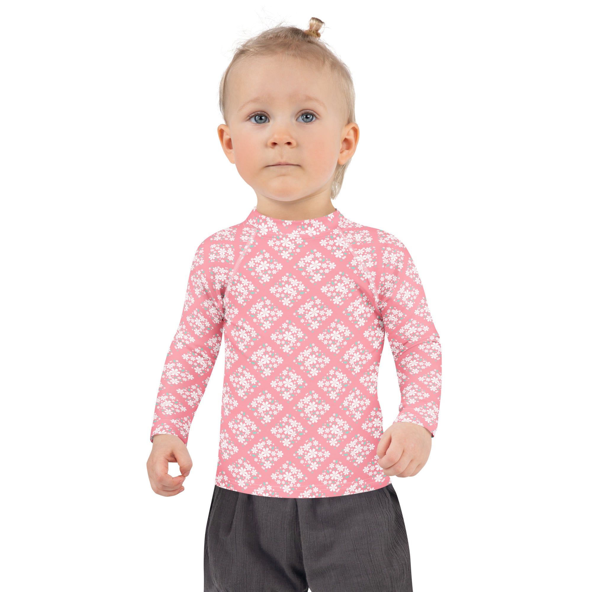 Girls Pink Blossom Squares Long Sleeve Rash Guard Swim Shirt – Buttery Soft, Sun Safe UPF 50+ Protection, Quick Dry & 4-Way Stretch Comfort