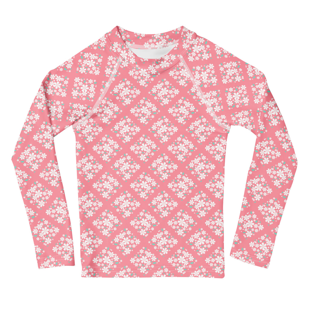 Girls Pink Blossom Squares Long Sleeve Rash Guard Swim Shirt – Buttery Soft, Sun Safe UPF 50+ Protection, Quick Dry & 4-Way Stretch Comfort