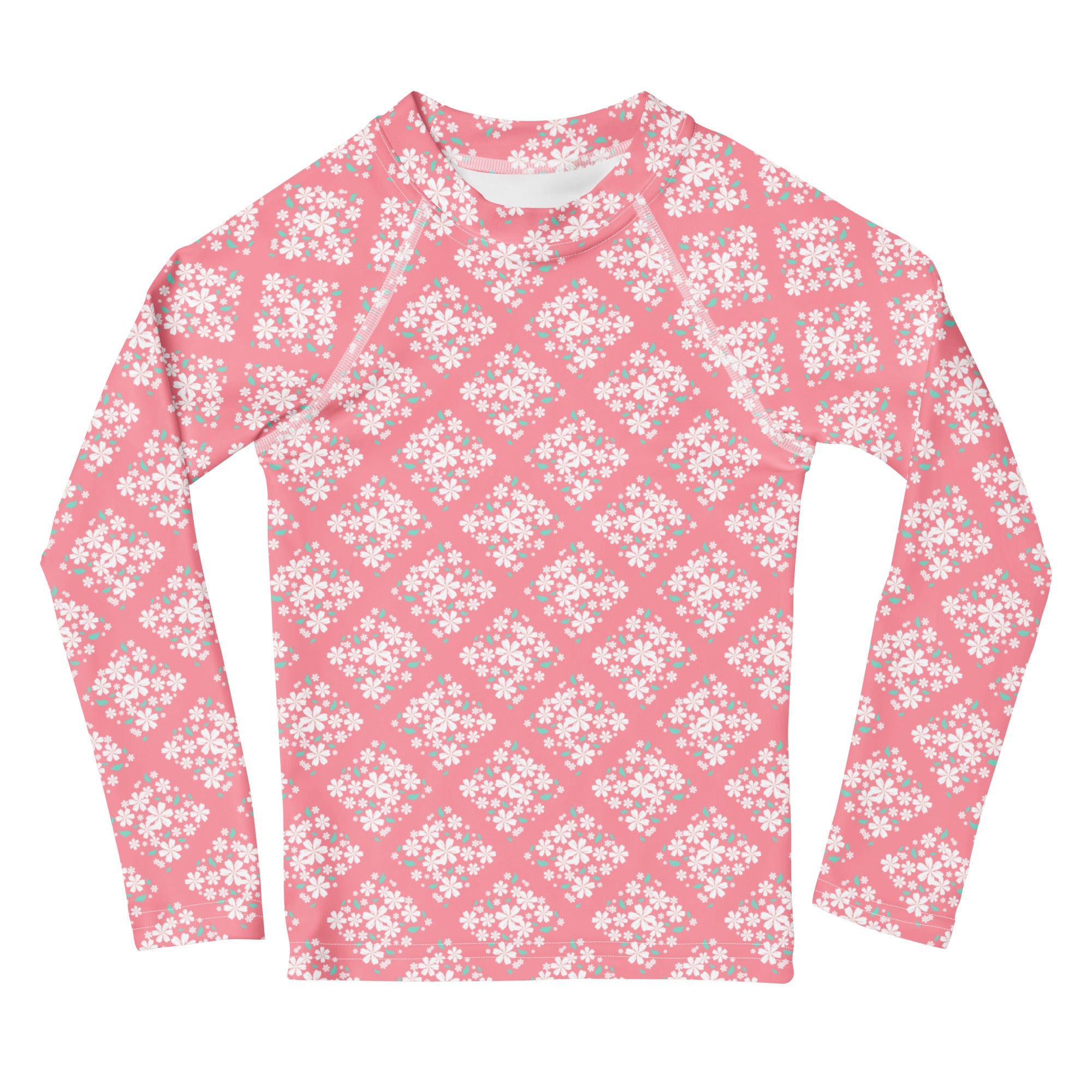Girls Pink Blossom Squares Long Sleeve Rash Guard Swim Shirt – Buttery Soft, Sun Safe UPF 50+ Protection, Quick Dry & 4-Way Stretch Comfort