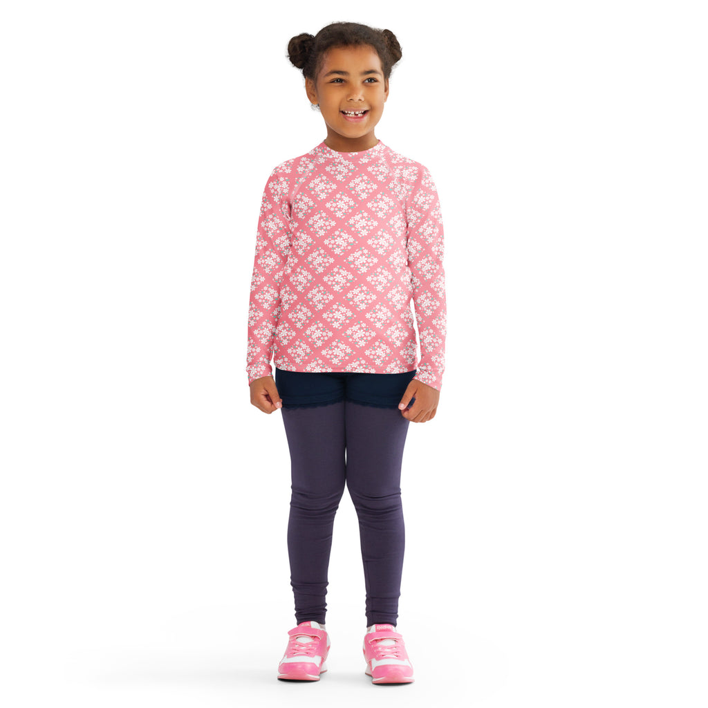 Girls Pink Blossom Squares Long Sleeve Rash Guard Swim Shirt – Buttery Soft, Sun Safe UPF 50+ Protection, Quick Dry & 4-Way Stretch Comfort