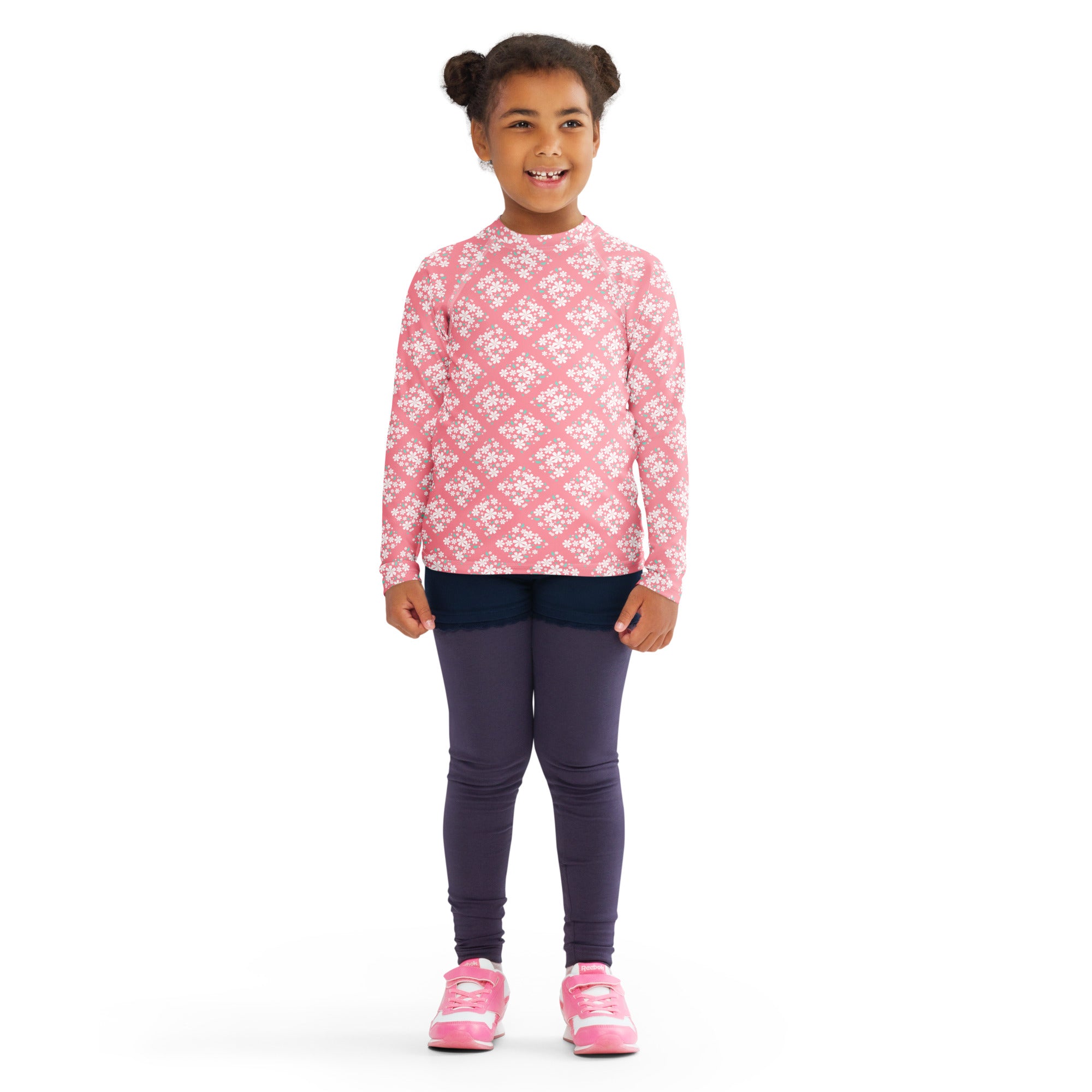 Girls Pink Blossom Squares Long Sleeve Rash Guard Swim Shirt – Buttery Soft, Sun Safe UPF 50+ Protection, Quick Dry & 4-Way Stretch Comfort