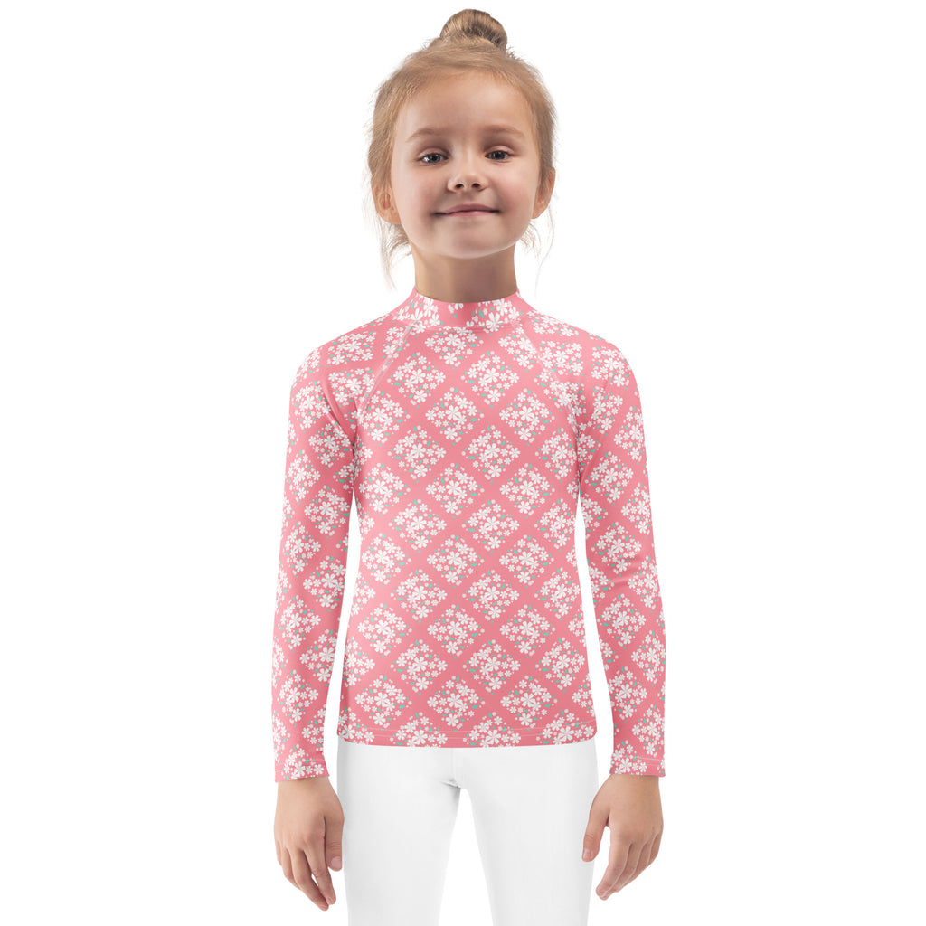 Girls Pink Blossom Squares Long Sleeve Rash Guard Swim Shirt – Buttery Soft, Sun Safe UPF 50+ Protection, Quick Dry & 4-Way Stretch Comfort